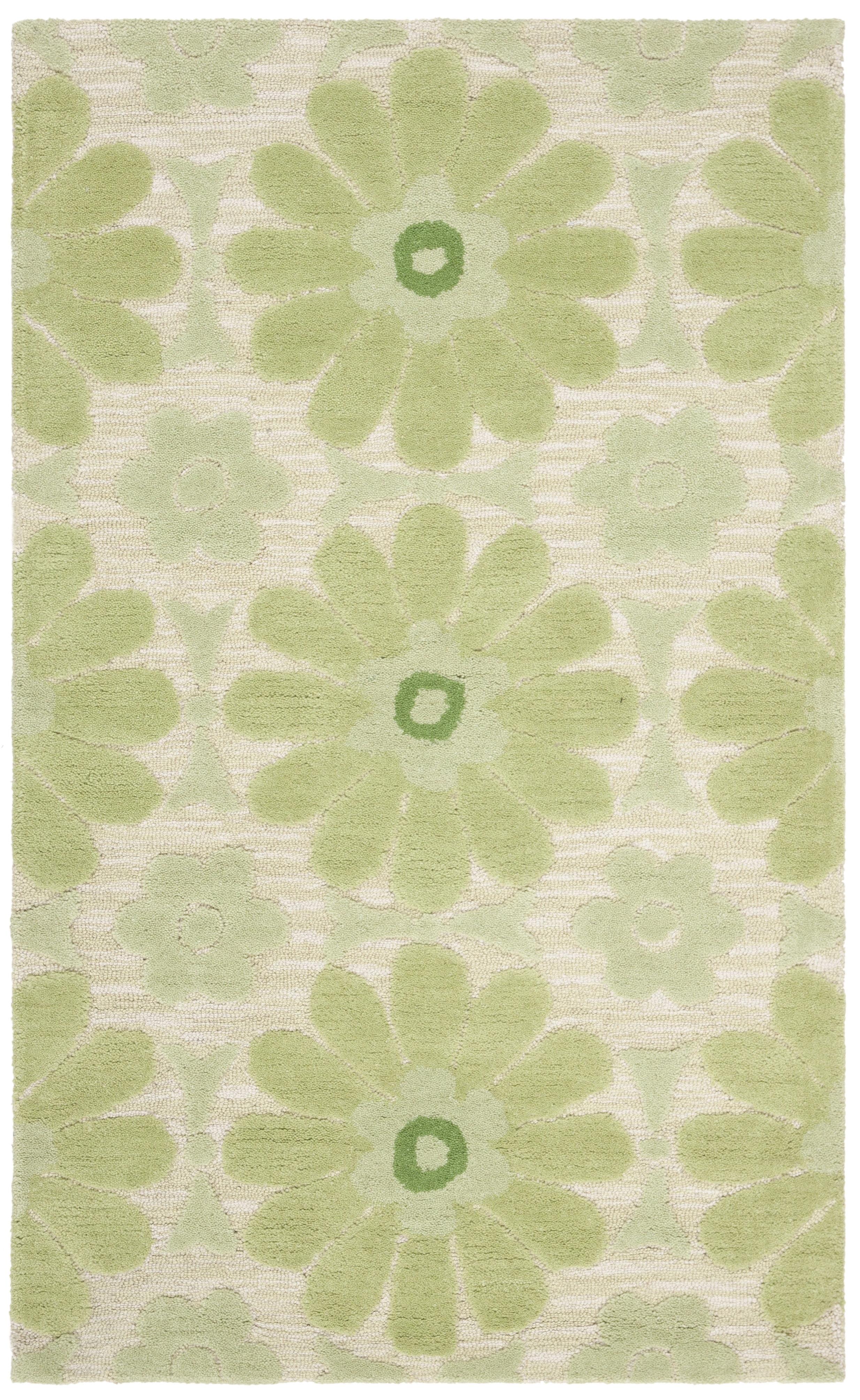 Ivory and Green Floral Handmade Wool Kids Rug