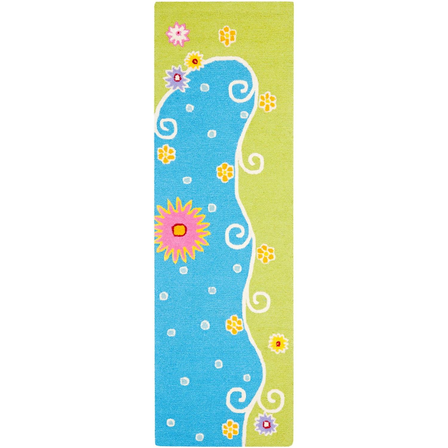 Hand-Tufted Blue Wool Kids Runner Rug with Floral Swirls, 2'3" x 7'
