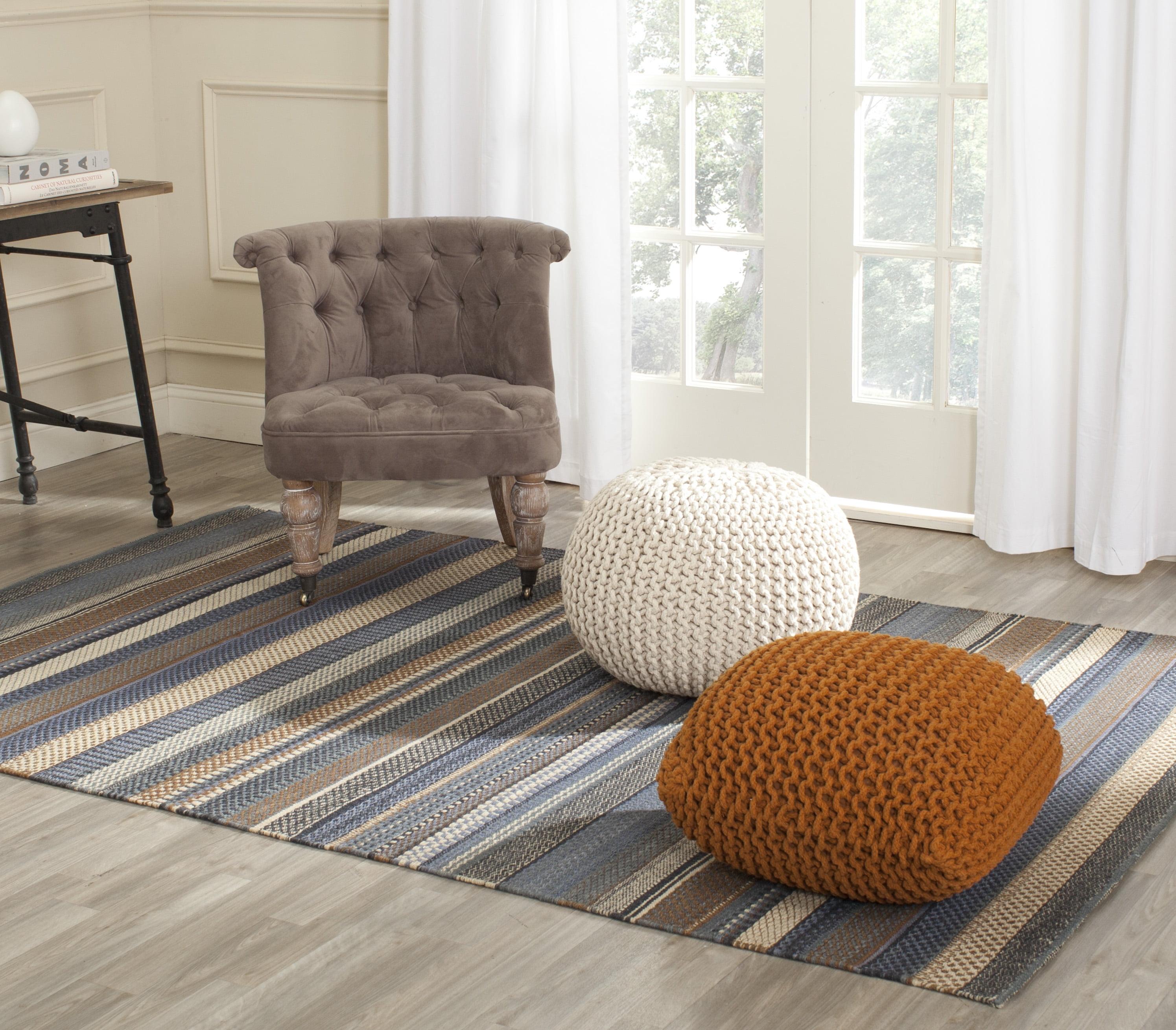 Handwoven Blue and Beige Wool Striped Rug