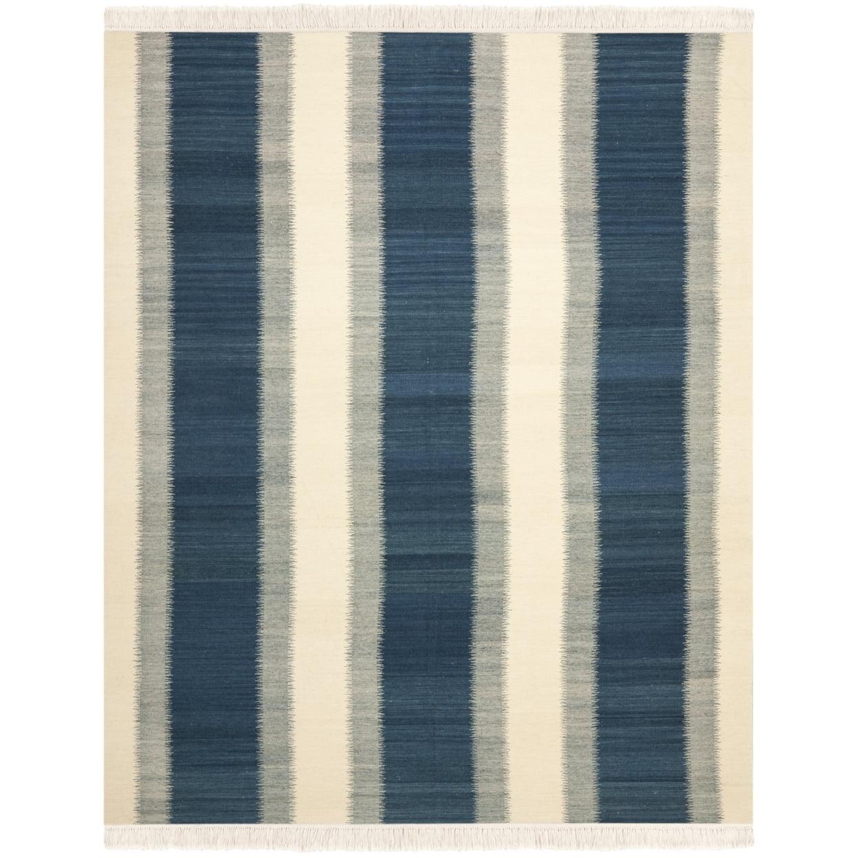 Blue and Ivory Striped Handwoven Wool Area Rug, 5' x 8'