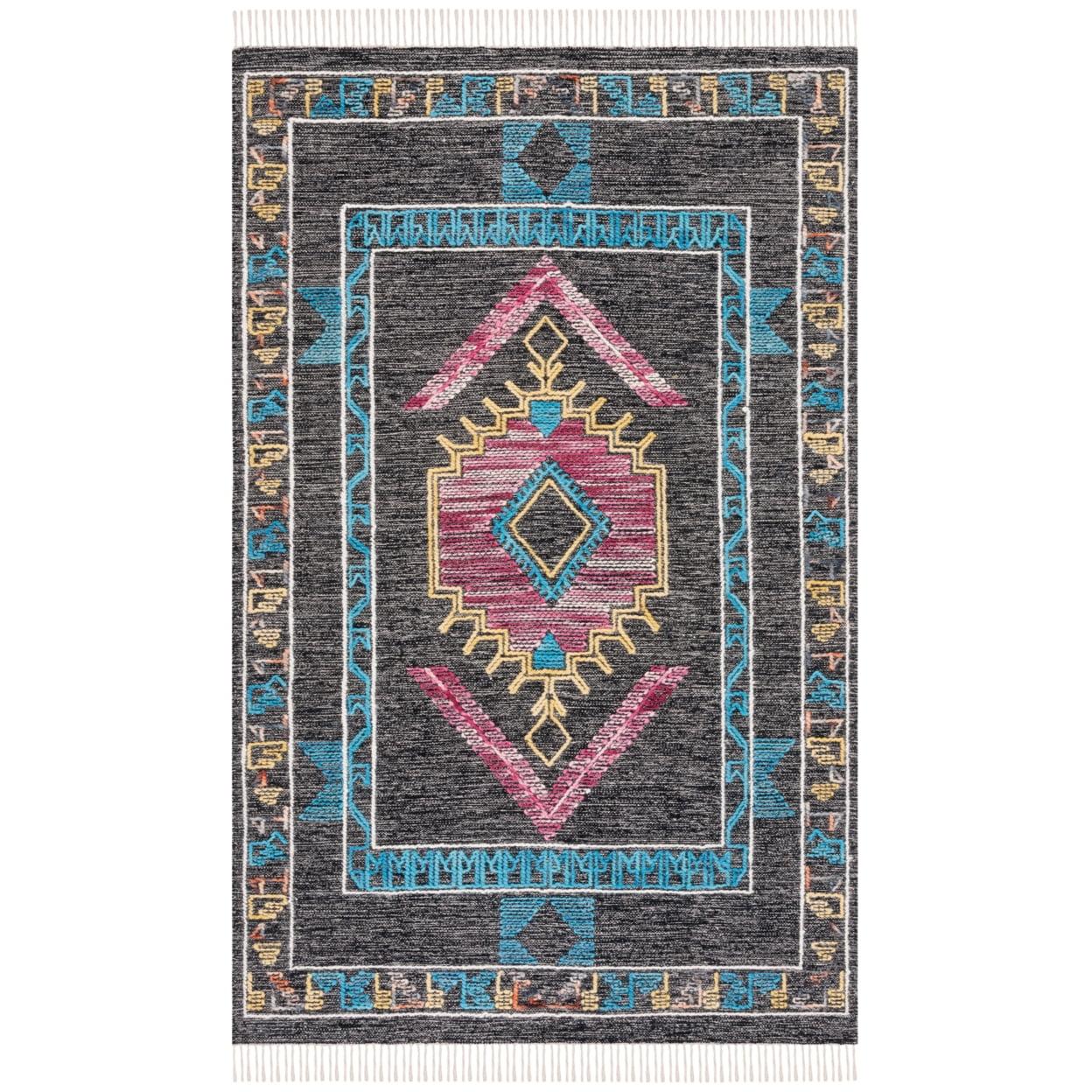 Bohemian Black and Pink Wool Flatweave 5' x 8' Area Rug