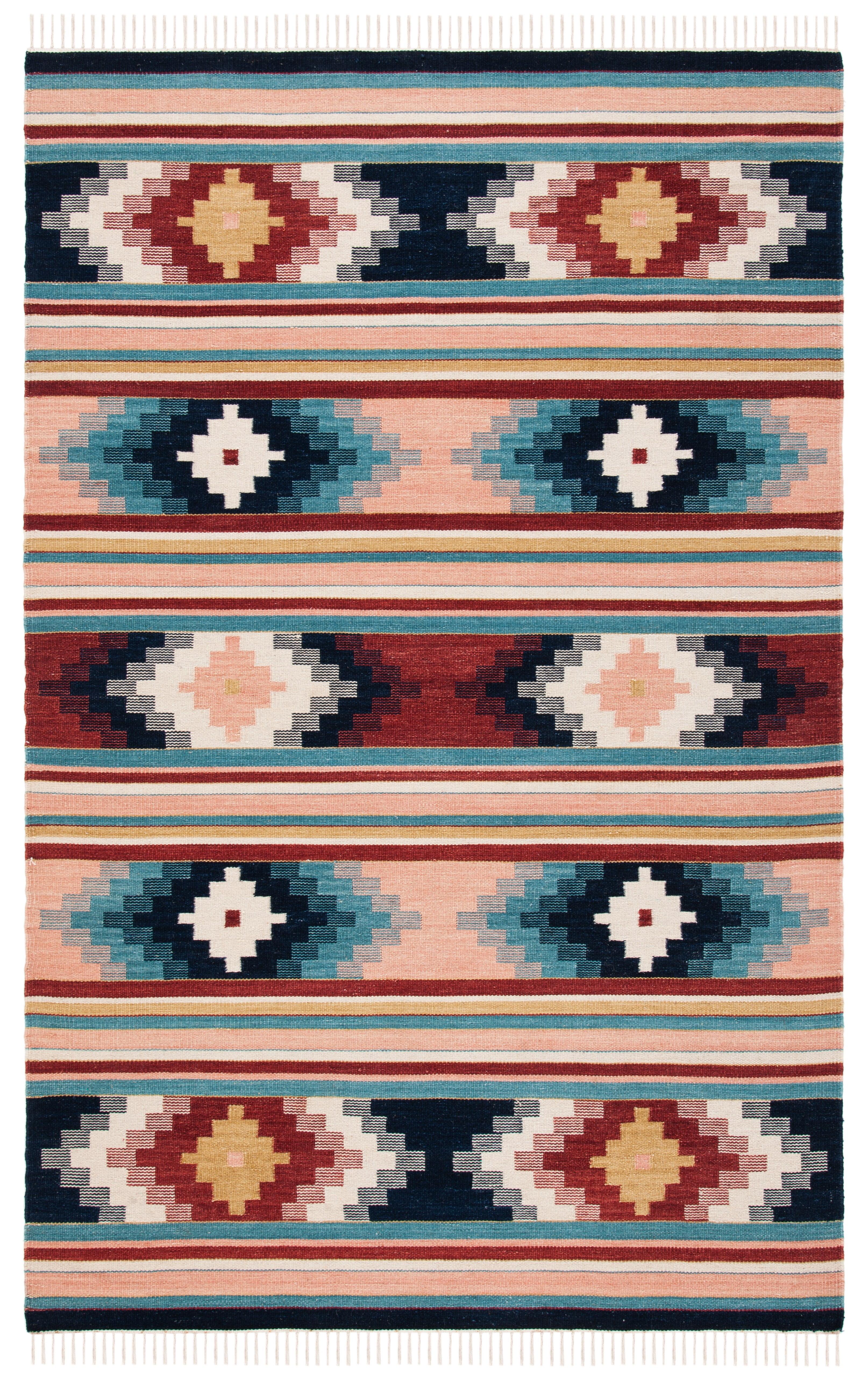 Handmade Blue and Pink Wool 4' x 6' Kilim Area Rug