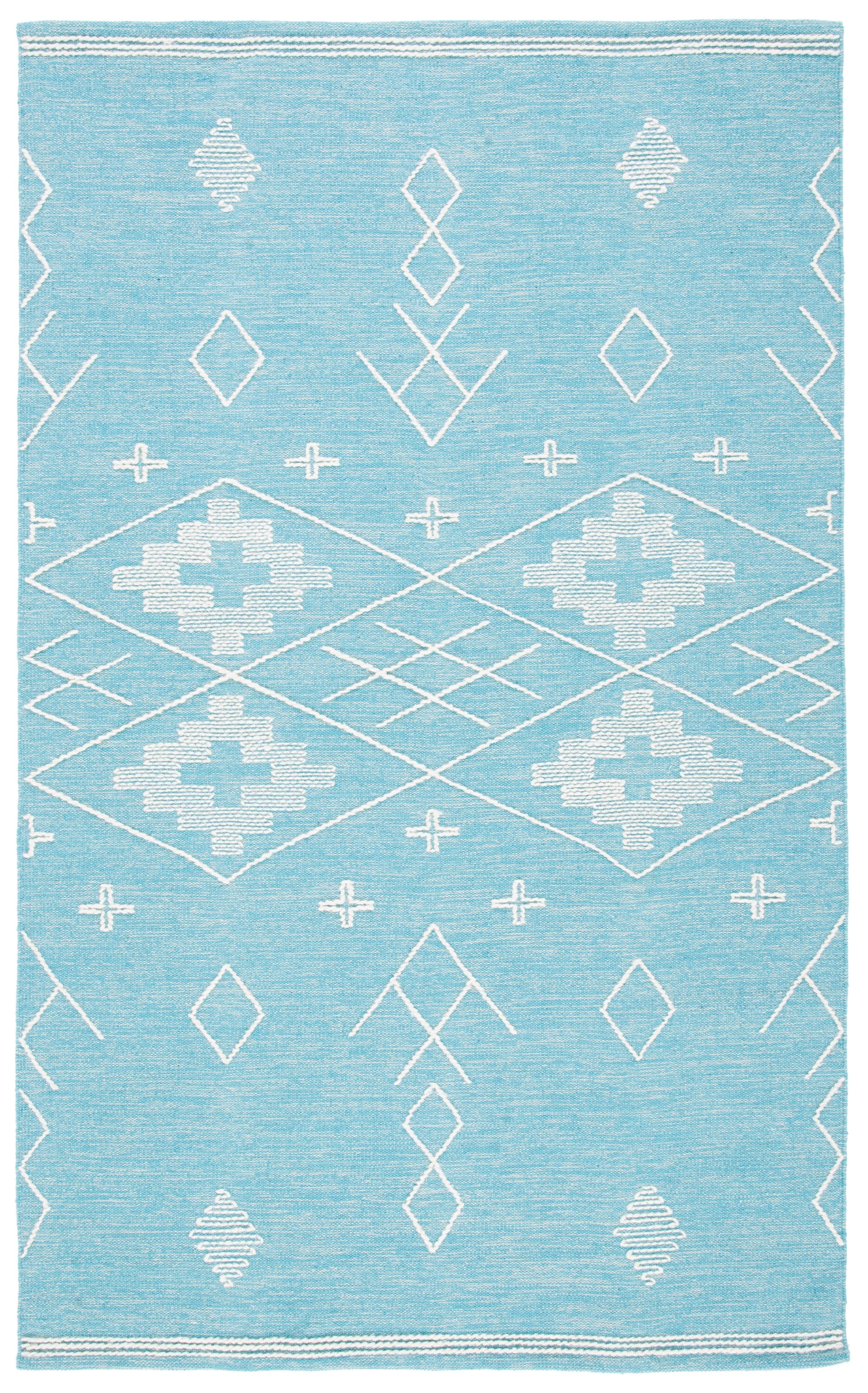 Teal and Ivory Flat Woven Wool Cotton Area Rug 4' x 6'