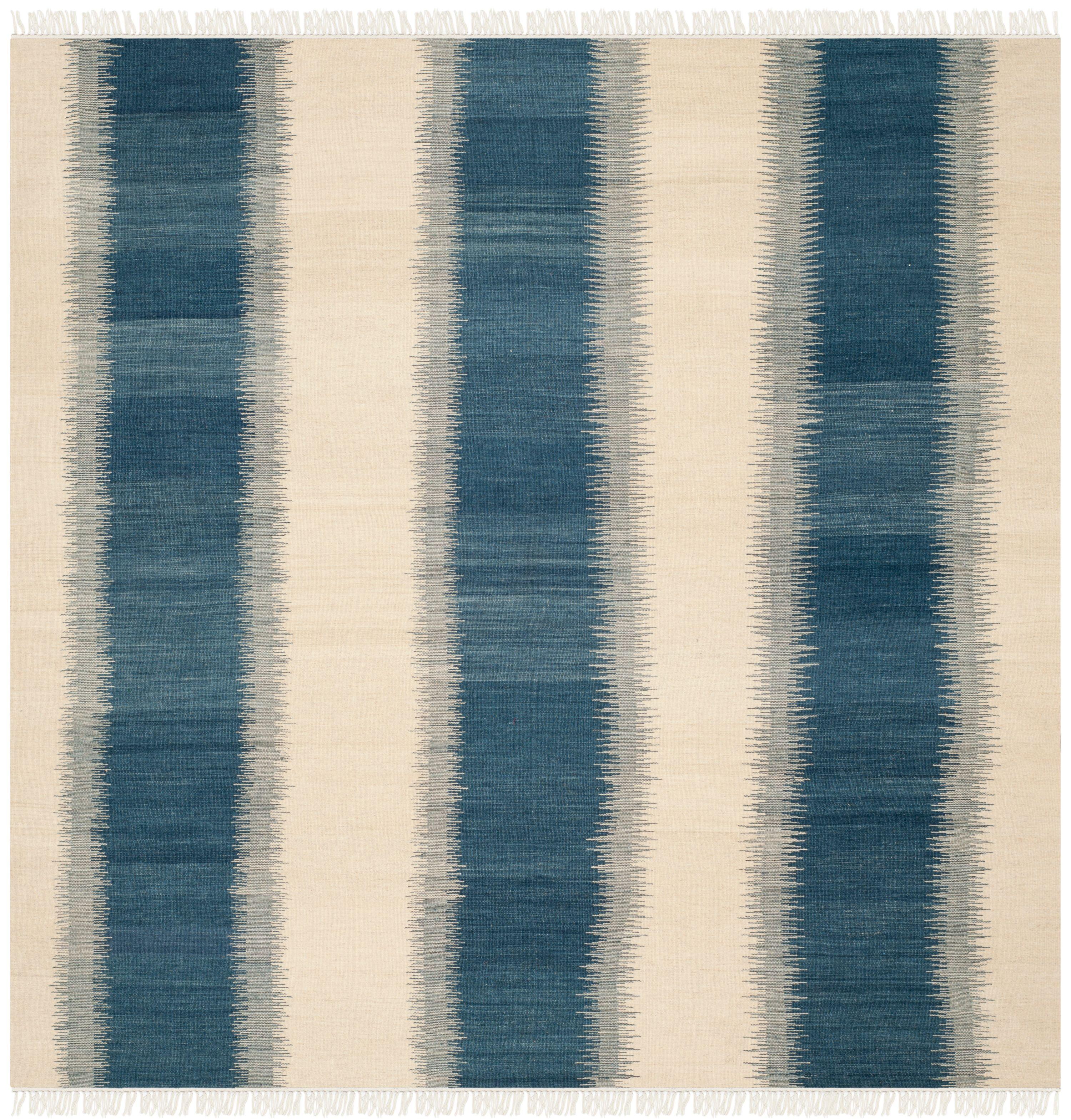 Handwoven Blue and Ivory Wool Geometric Square Rug