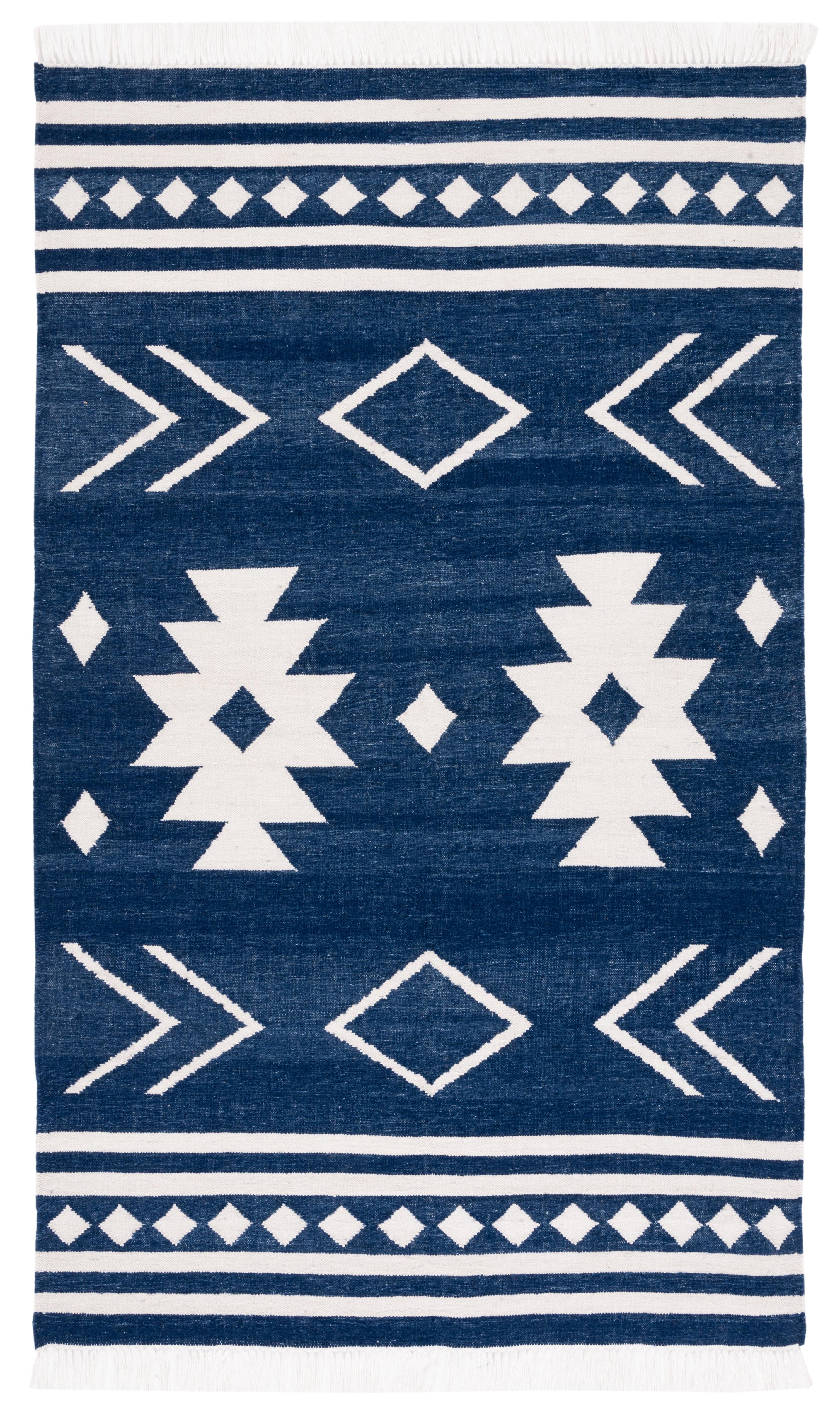 Kilim With Fringes KLM764 Flat weave Area Rug - Navy/Ivory - 5'x8' - Safavieh