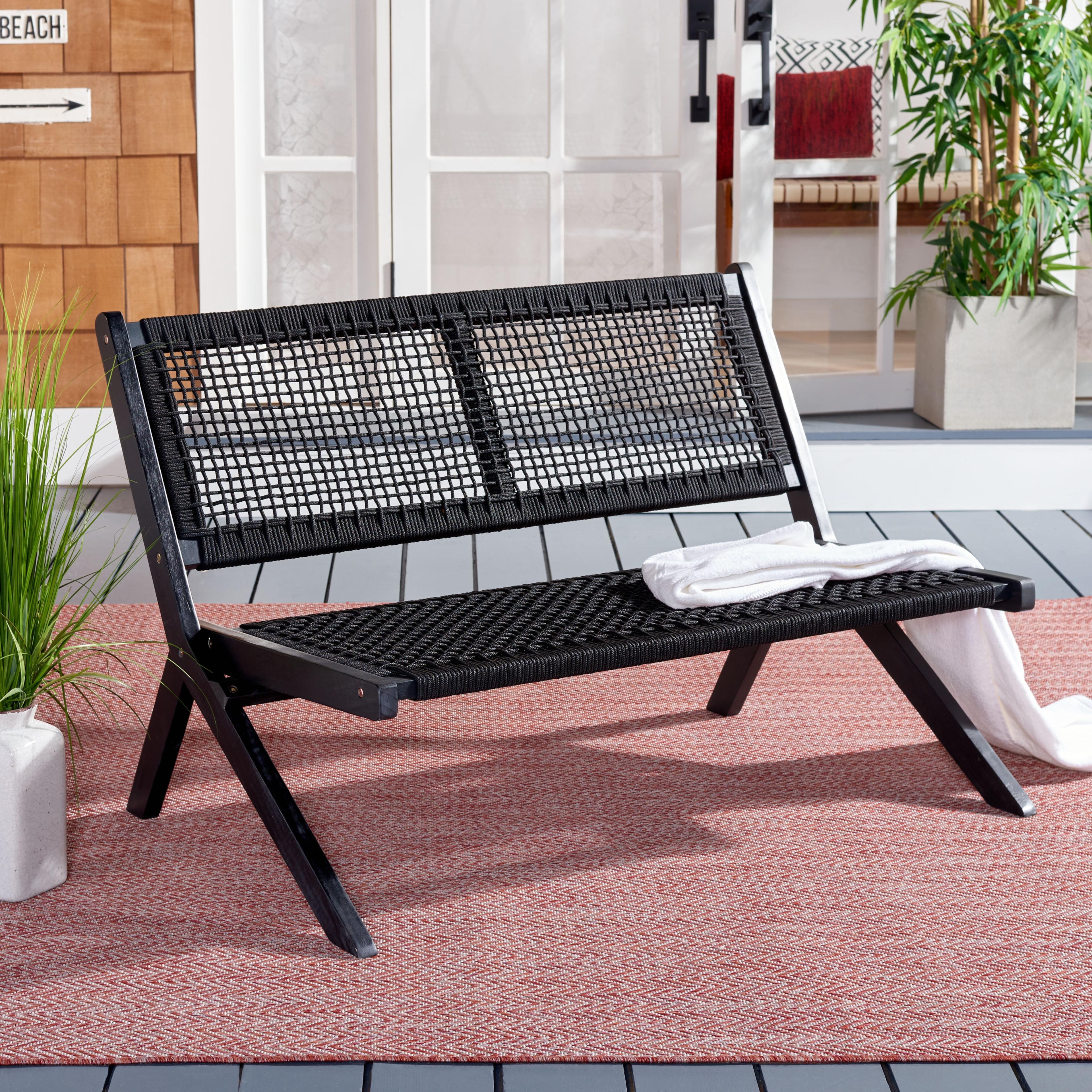 Kobina 49" Black Wood and Rope Outdoor Folding Bench