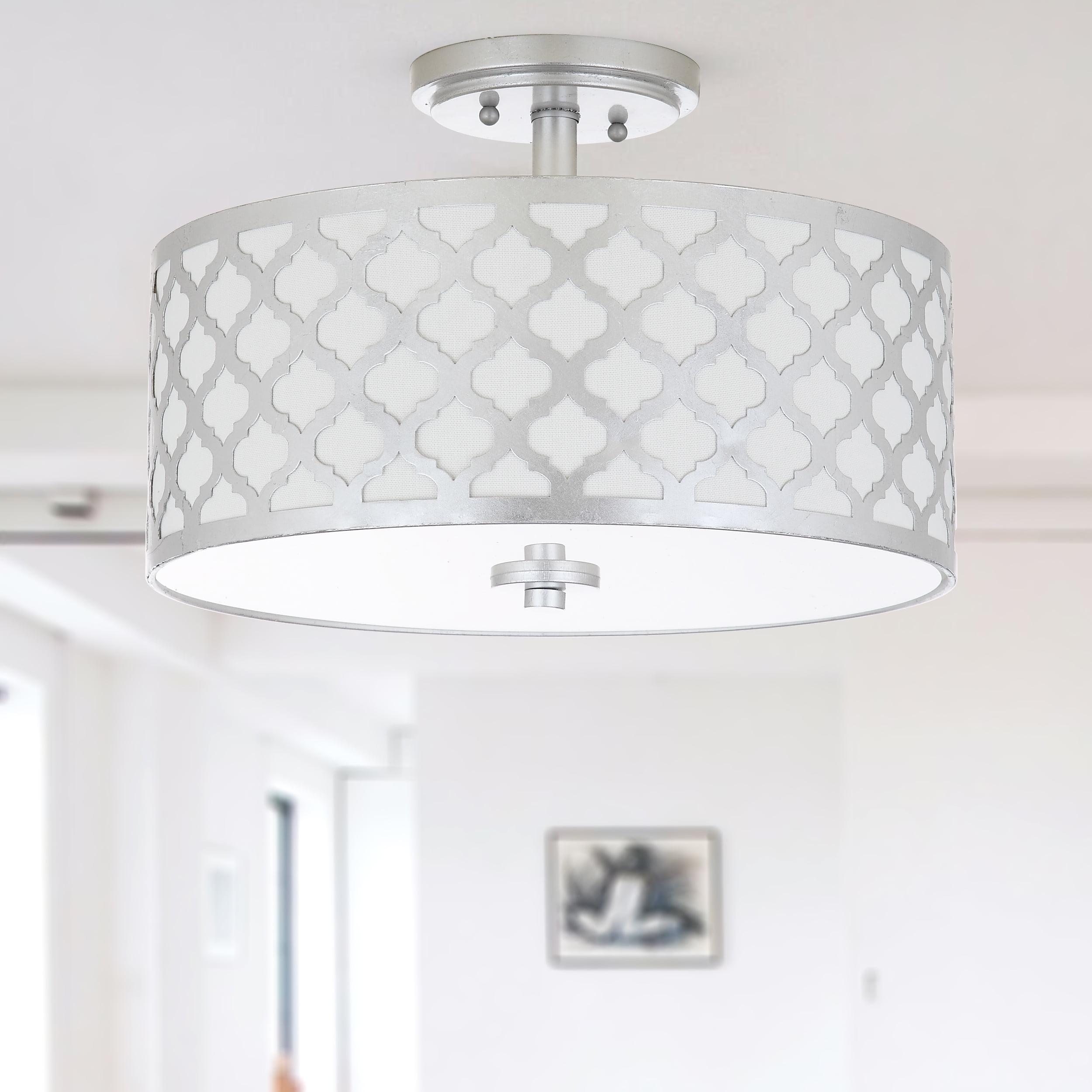 Silver Glass Drum Shade Semi Flush Mount Light