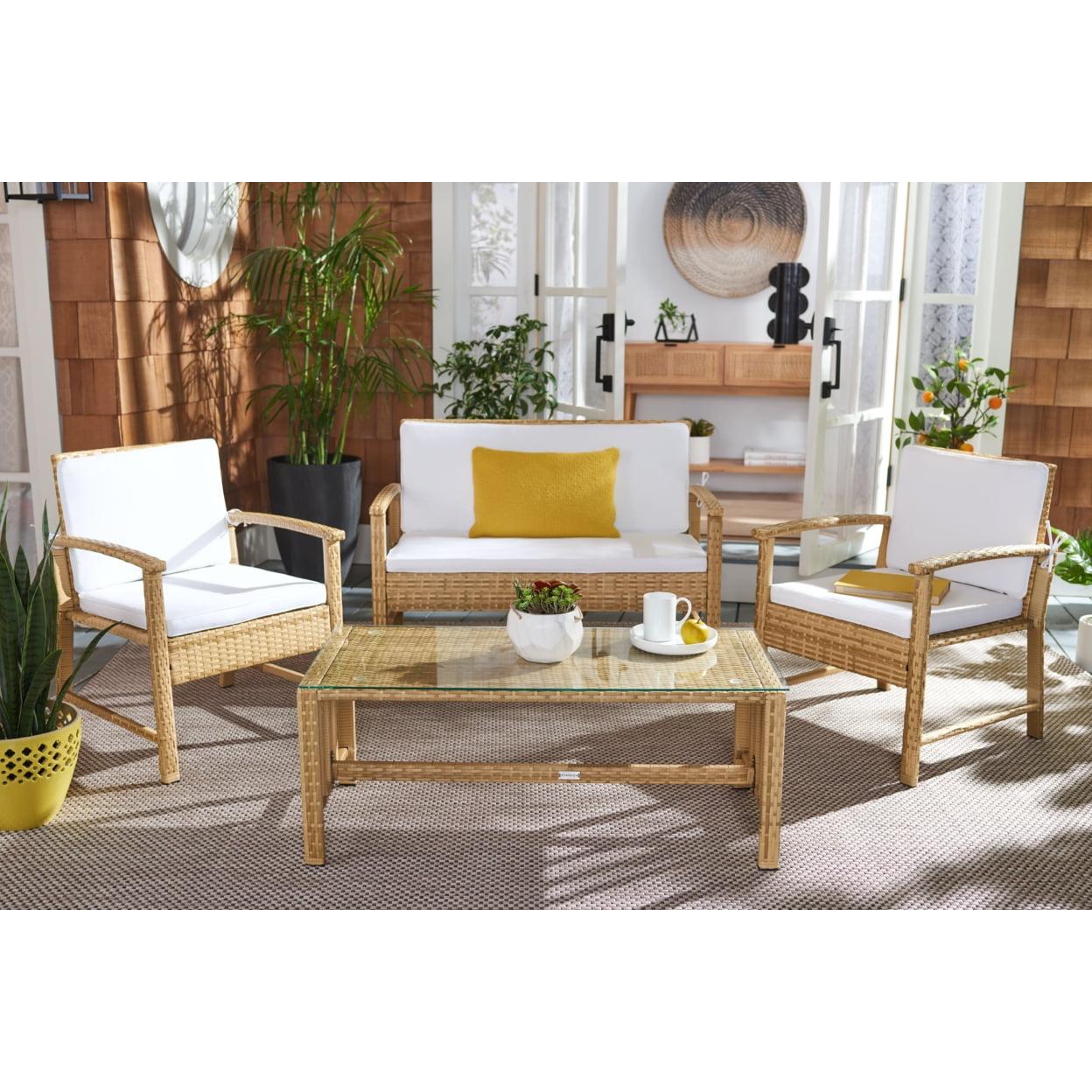 Krissy Natural Wicker and White 4-Piece Outdoor Conversation Set