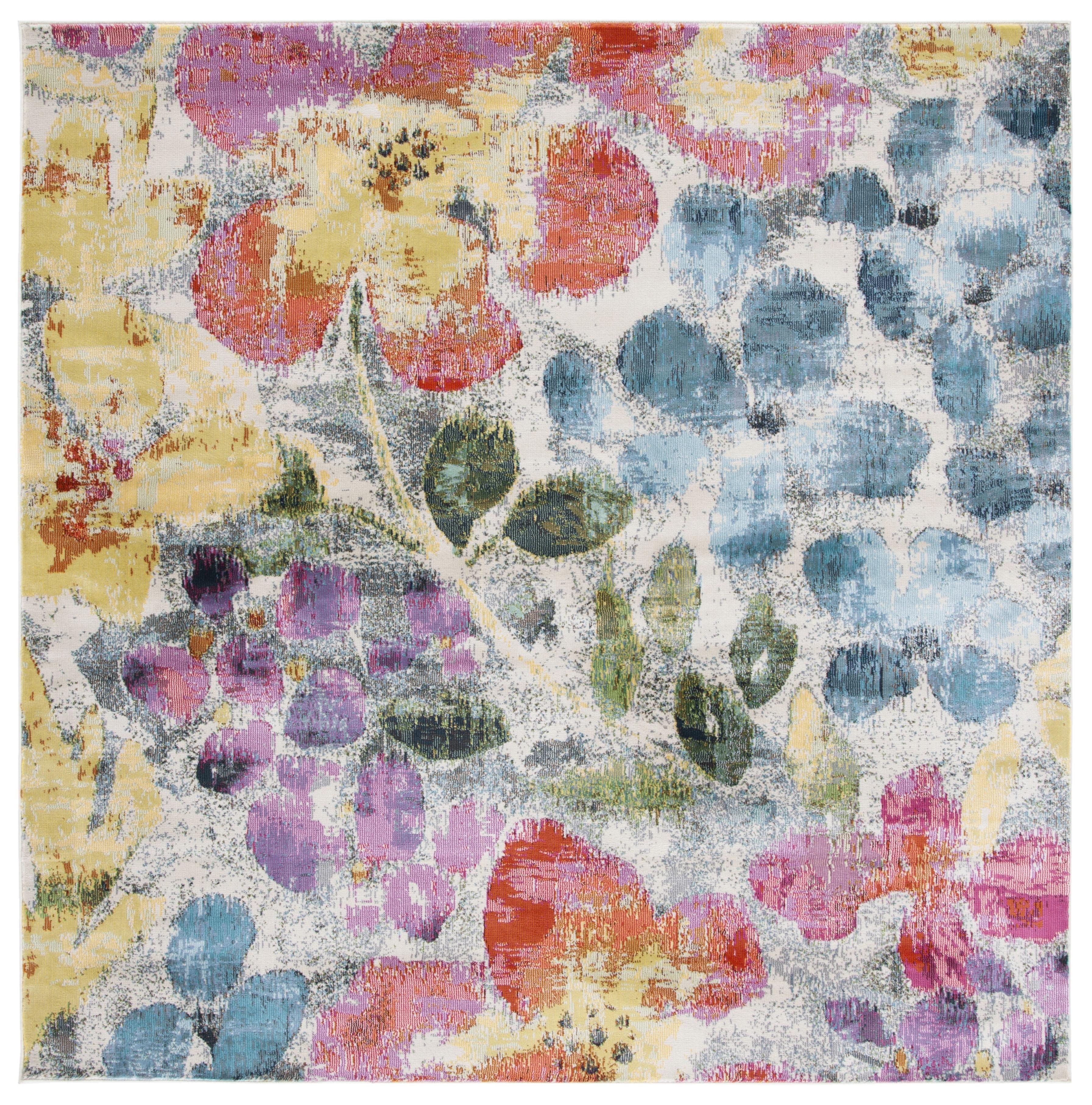 Lillian Dreamy Floral Blue and Yellow 3' Square Synthetic Area Rug