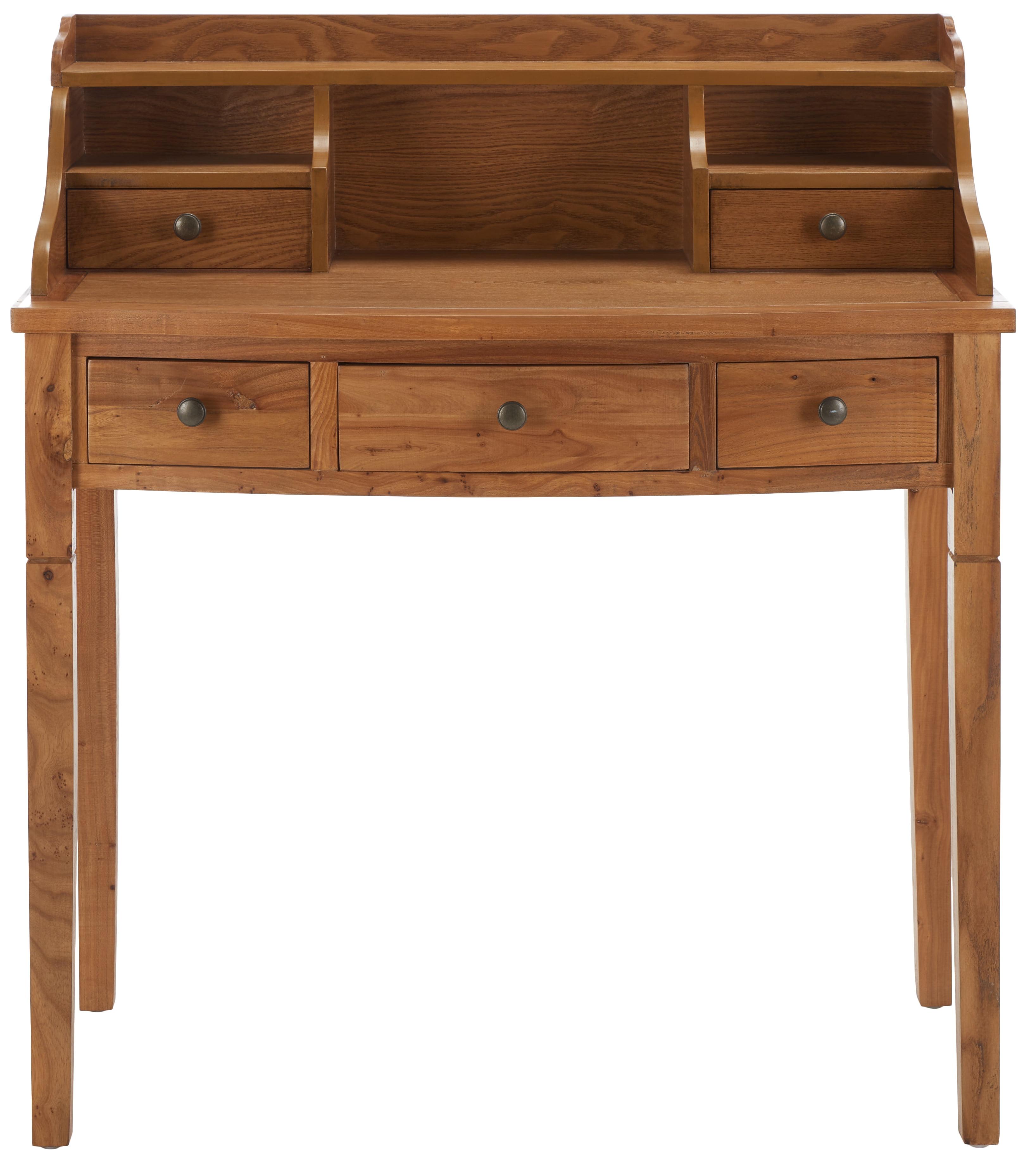 Transitional Oak 5-Drawer Writing Desk with Hutch and Cubbies