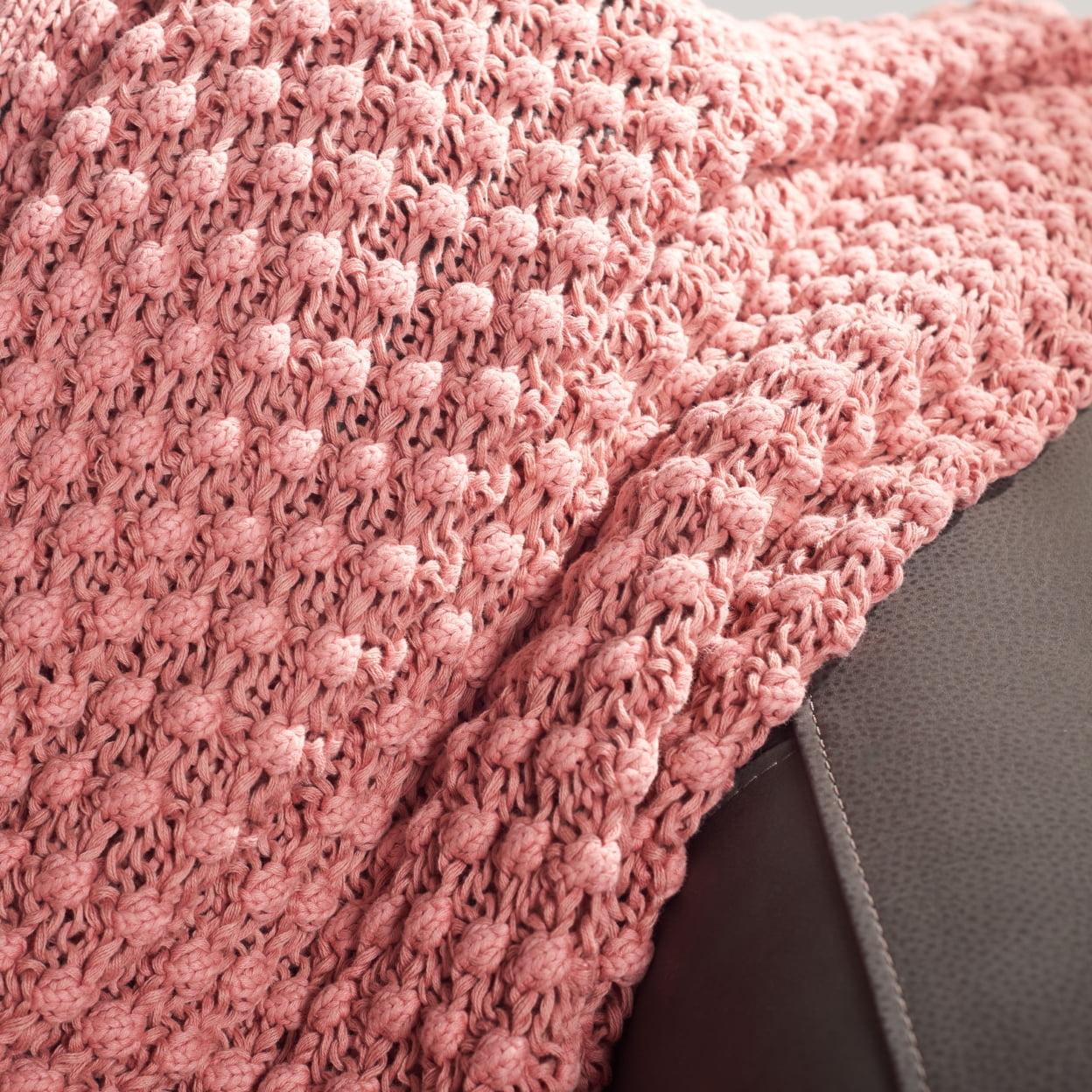 Pink Knitted Cotton Puff Stitch Throw Blanket