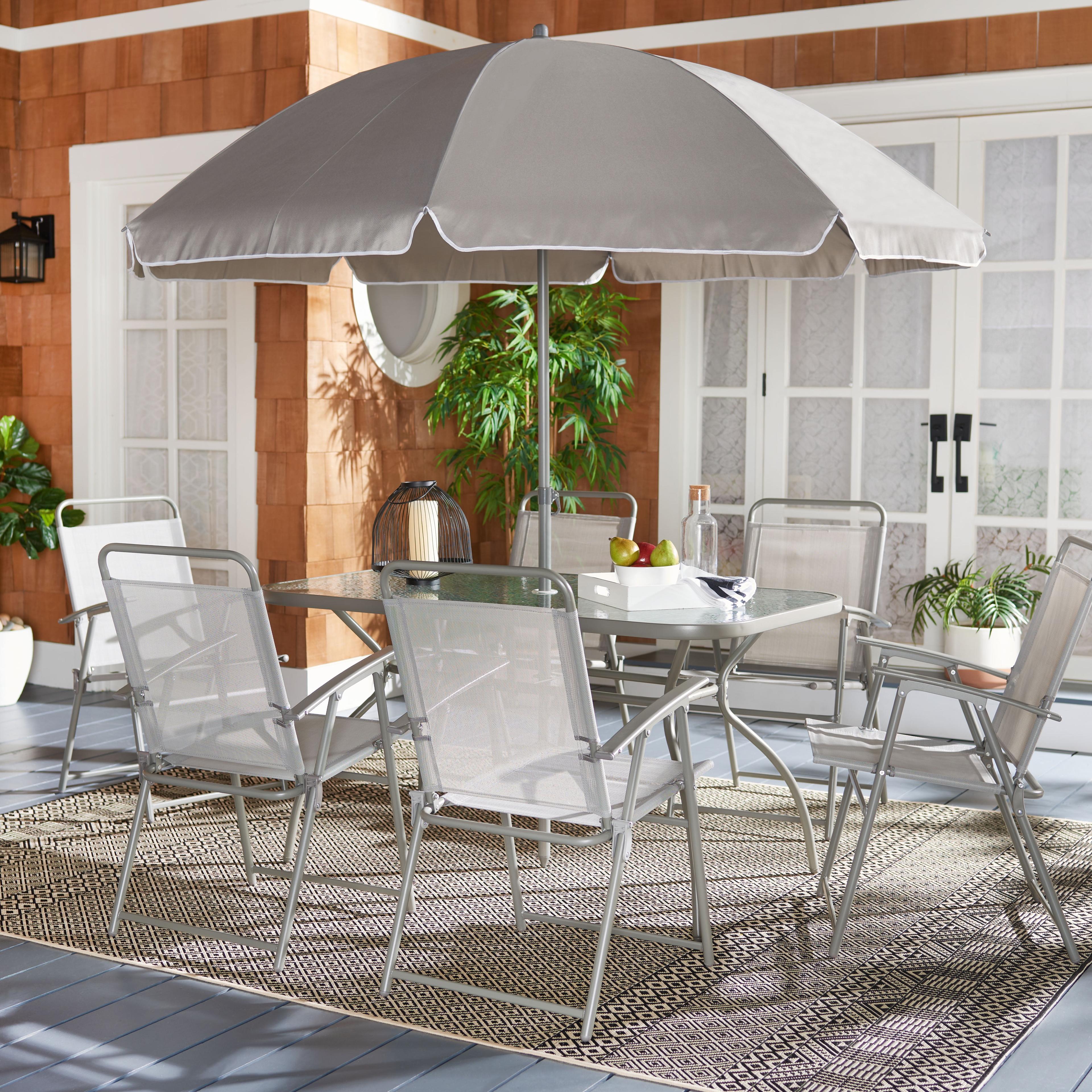 Laurenti 6-Person Grey Glass-Top Outdoor Dining Set with Umbrella