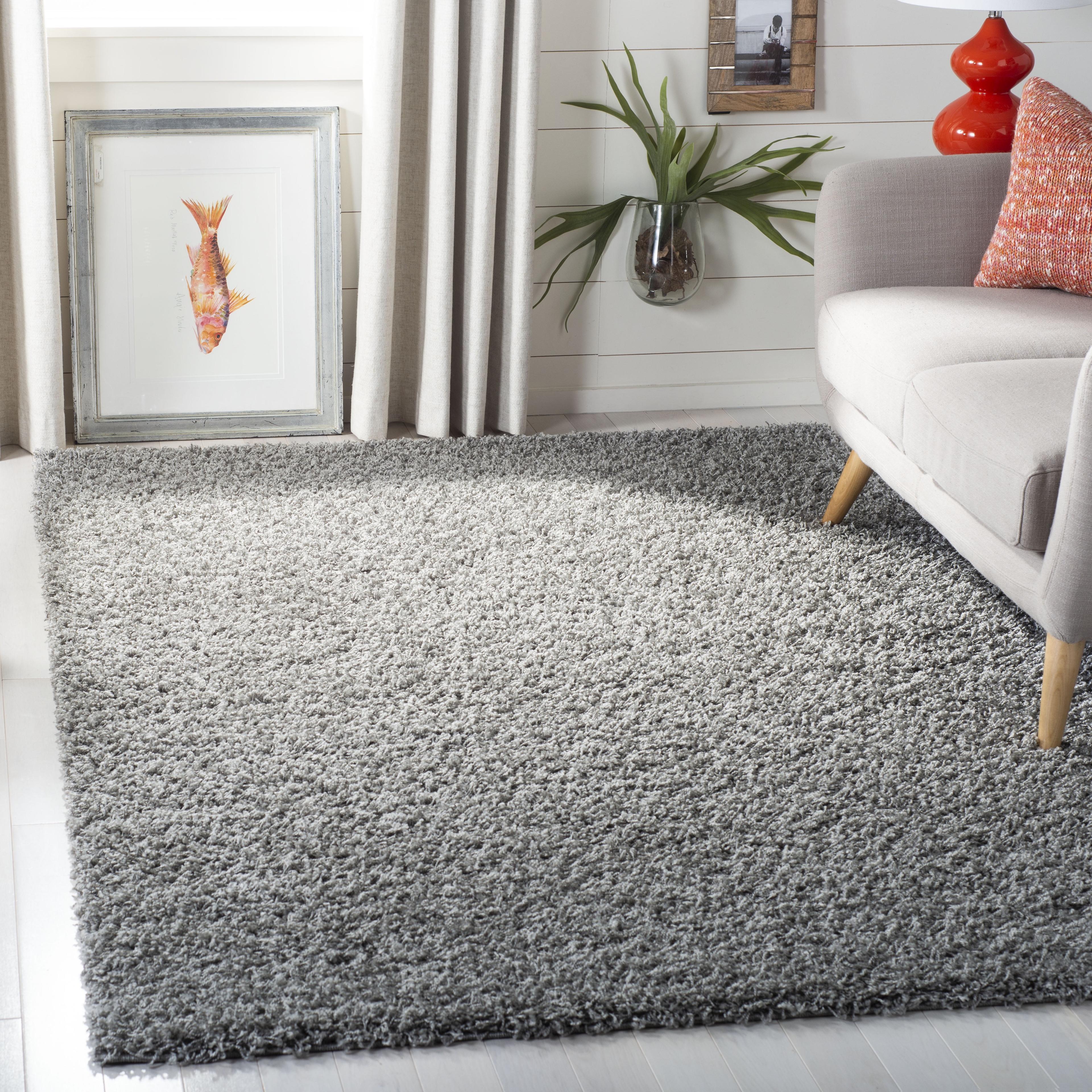 Light Grey Square Hand-Knotted Shag Synthetic Rug