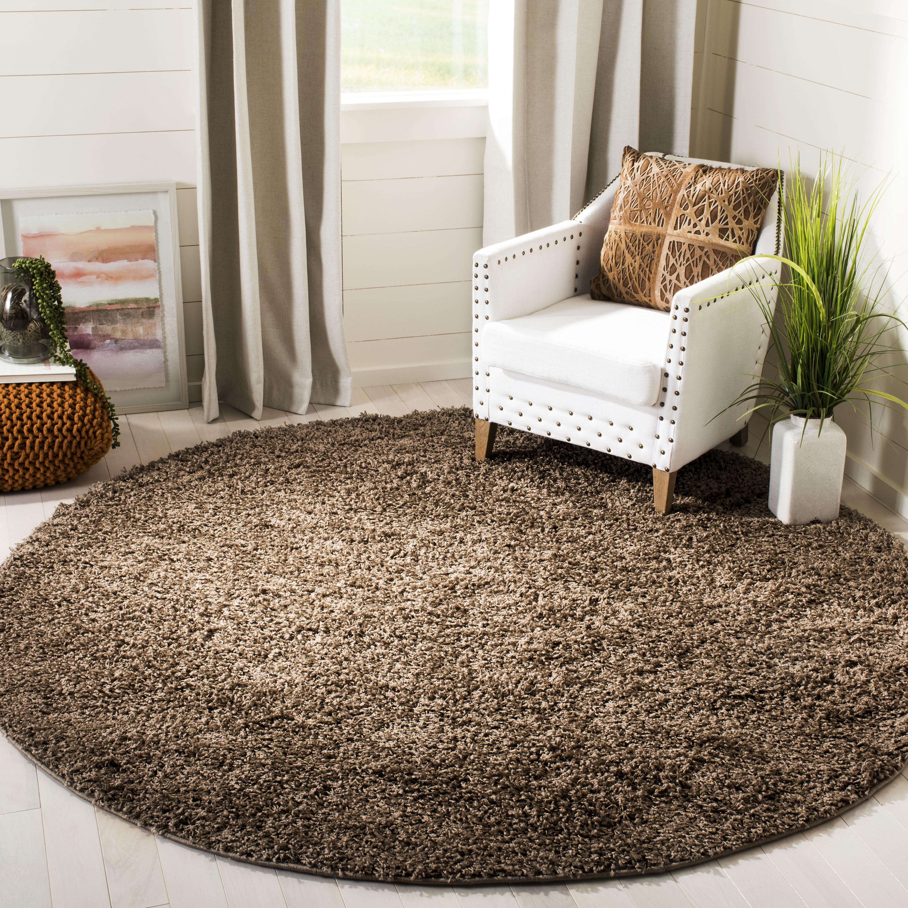 Taupe Round 6'7" Shag Area Rug with Cotton Blend