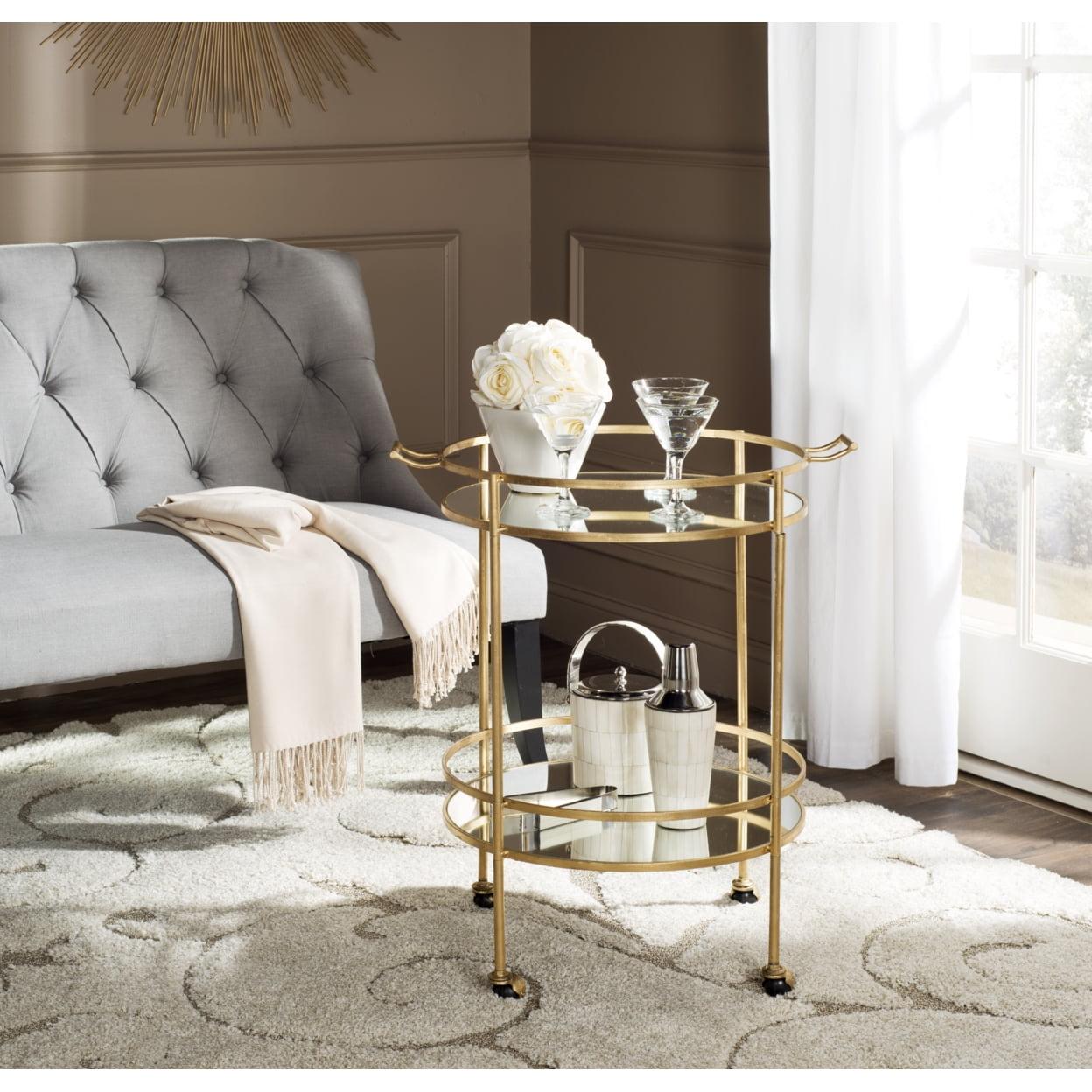 Transitional 26'' Gold Round Bar Cart with Mirrored Shelves