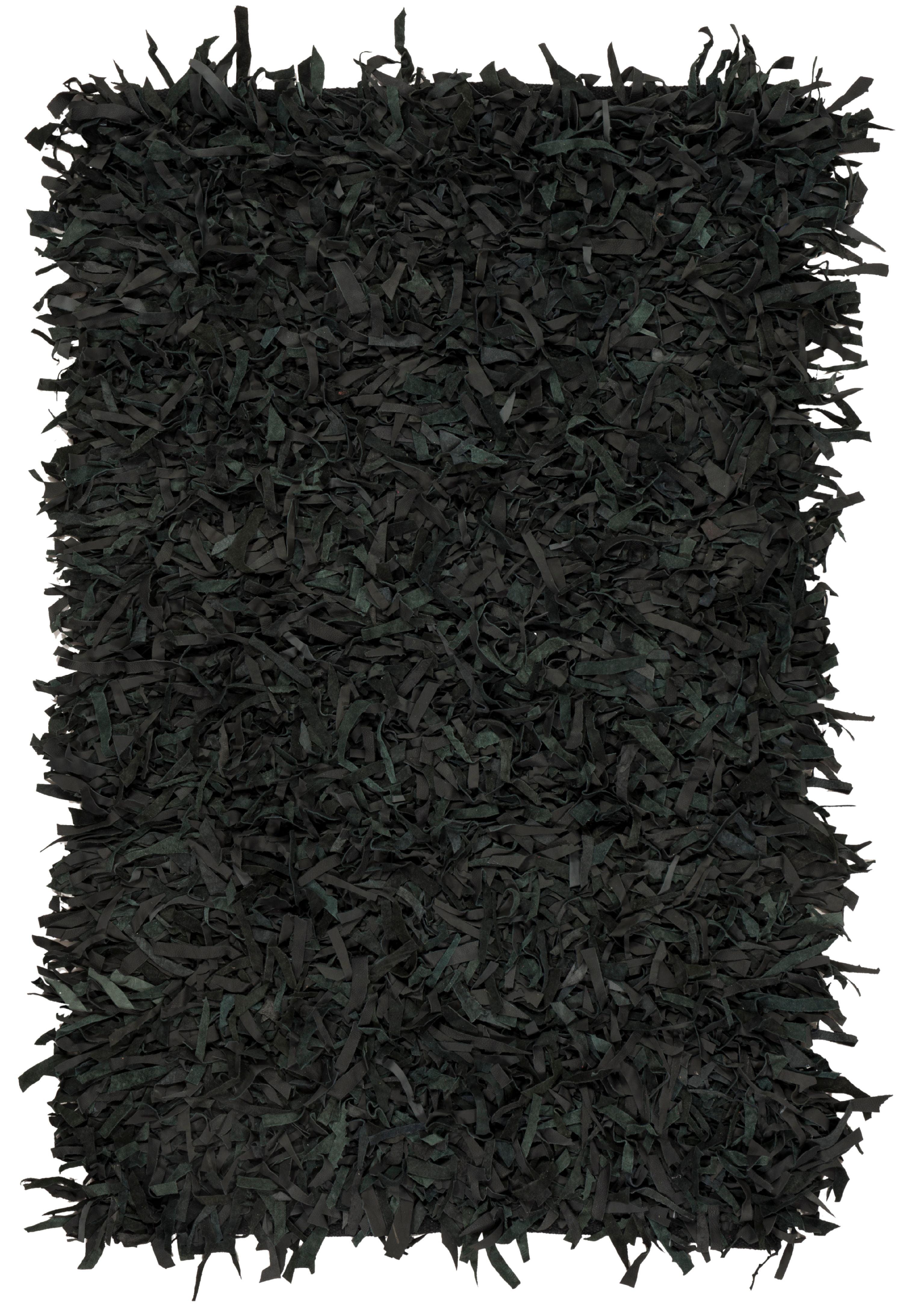 Luxurious Black Leather Hand-Knotted Shag Rug, 3' x 5'