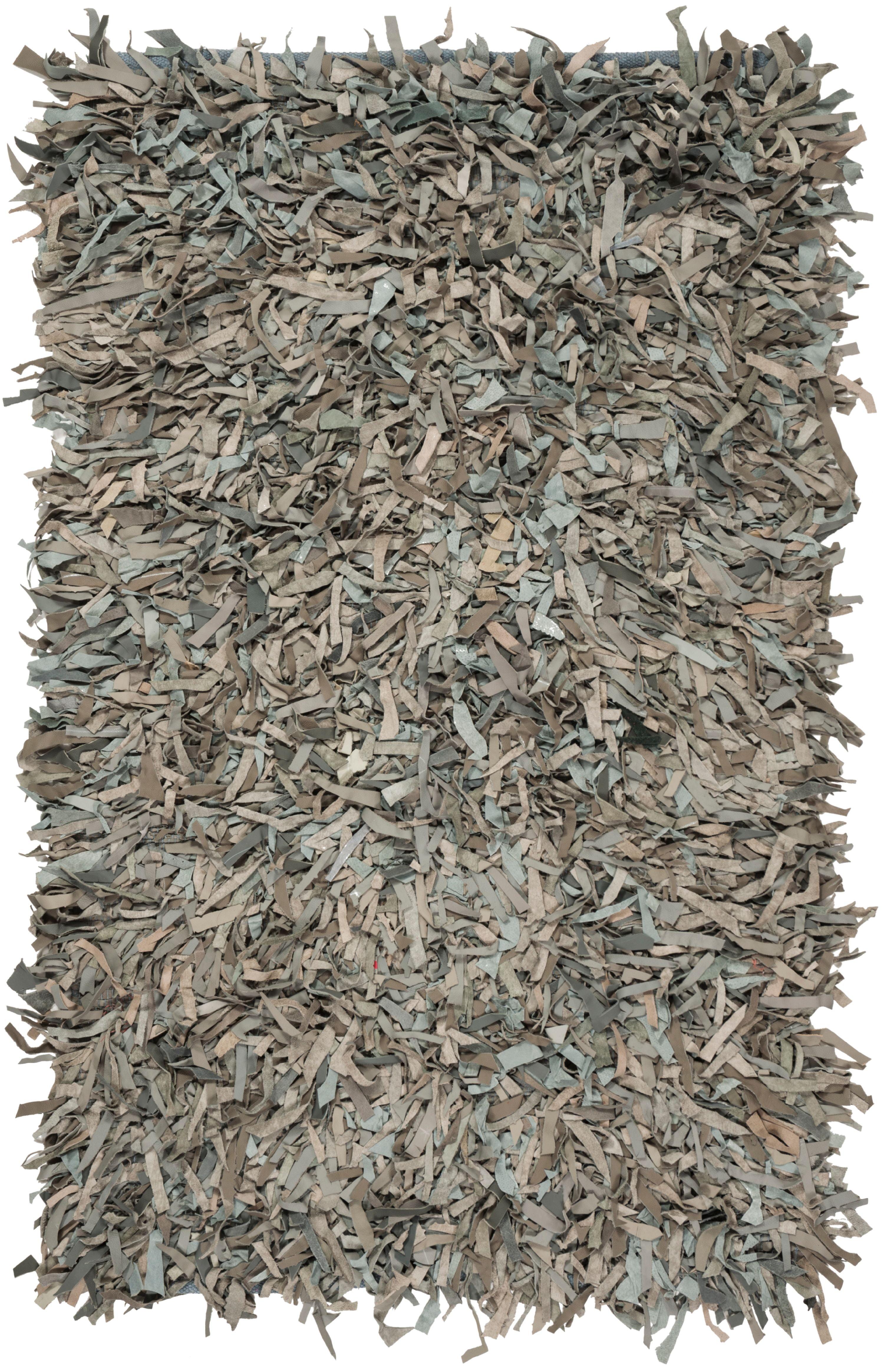 Grey and Beige Hand-Knotted Leather Shag Rug, 3' x 5'