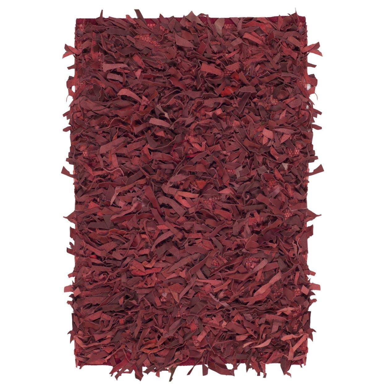 SAFAVIEH Leather Shag Dimitri Solid Area Rug, Red, 5' x 5' Square