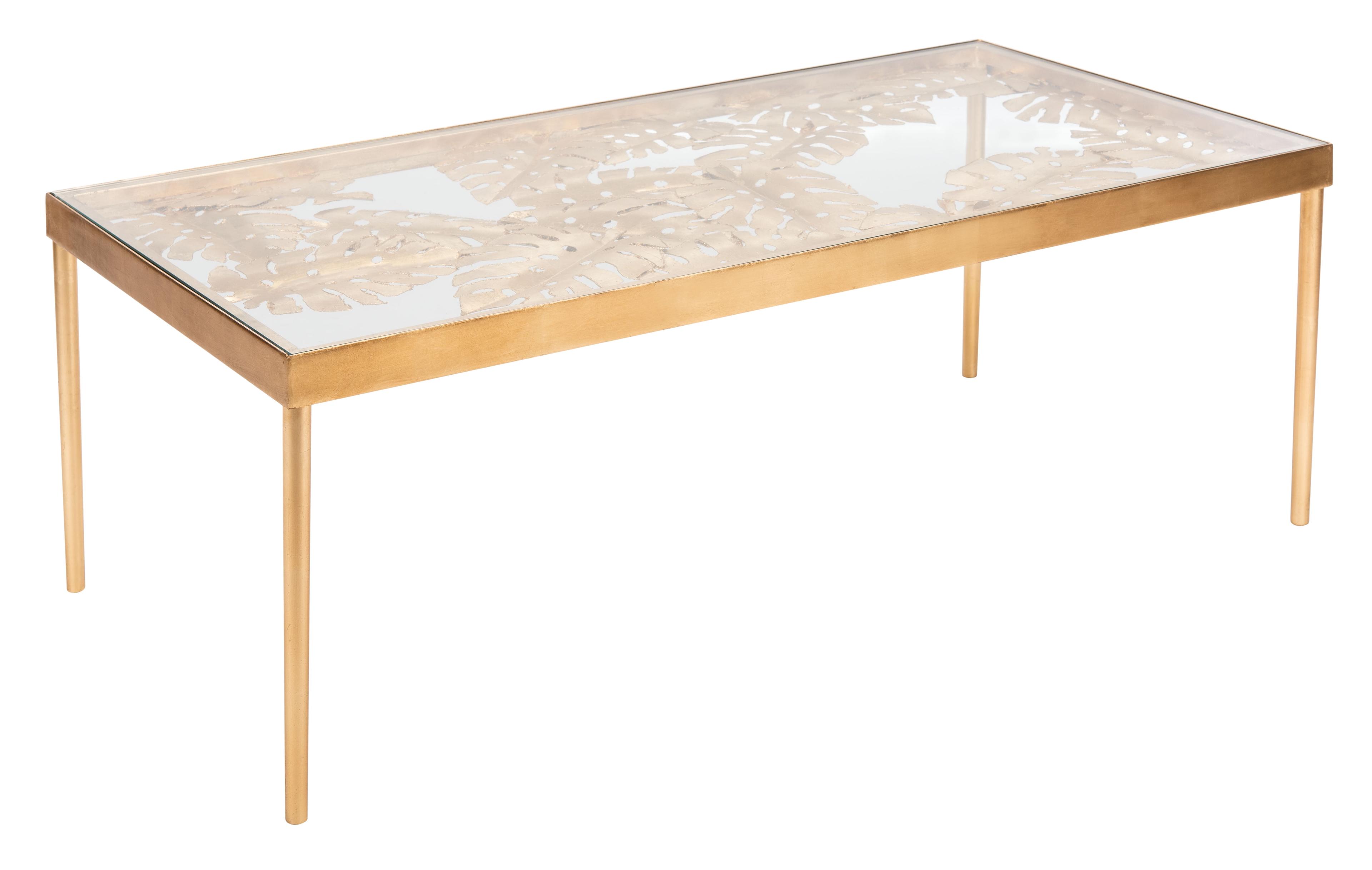 Elegant Gold Leaf Rectangular Glass Coffee Table with Palm Design