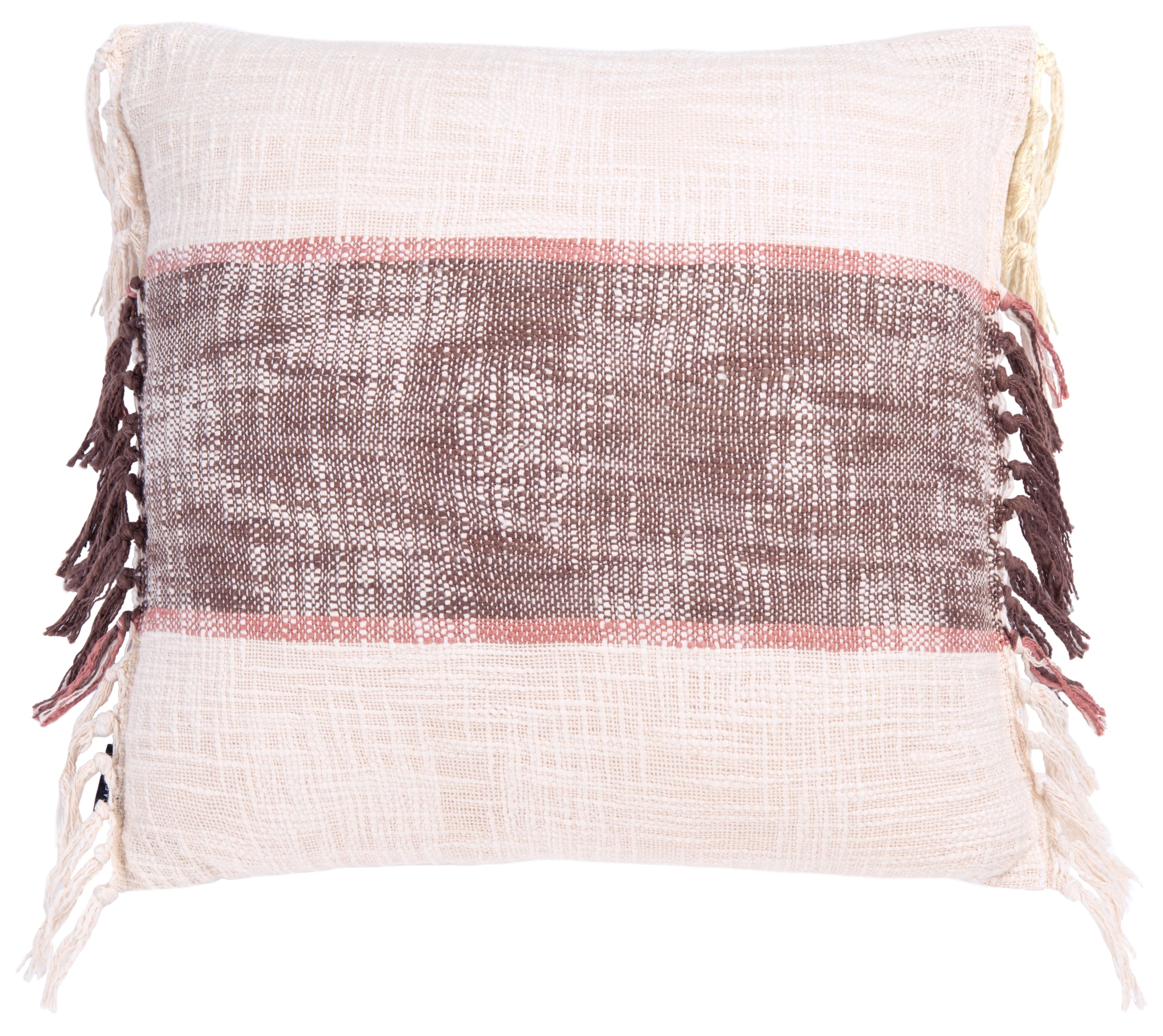 Lencia Beige and Grey Fringed Cotton Square Pillow