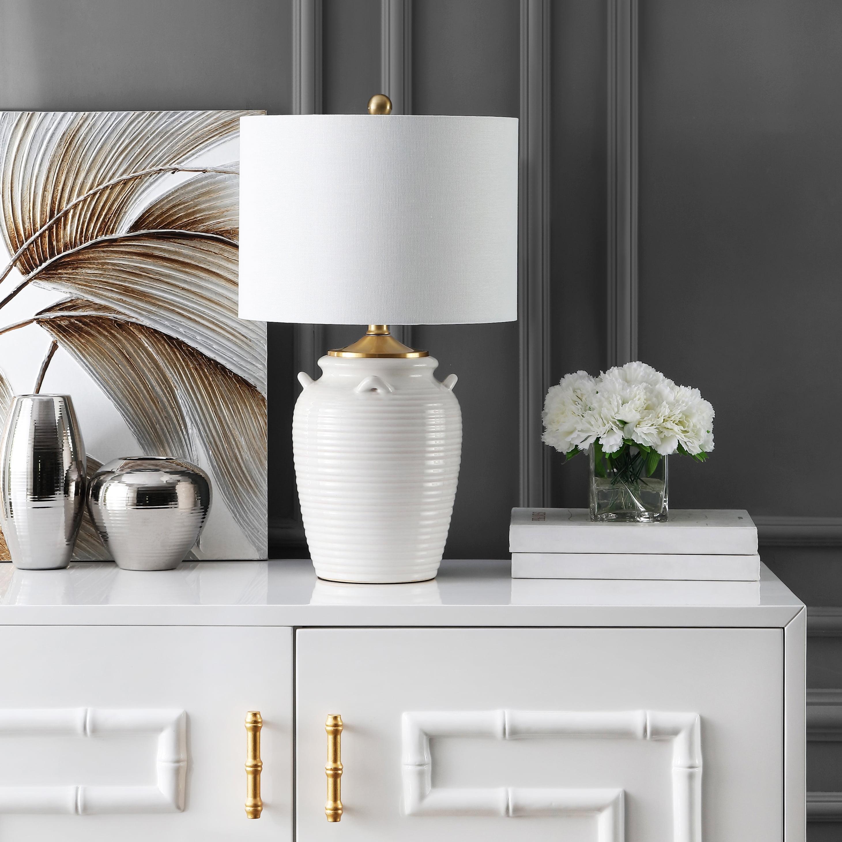 Ivory Ceramic Urn Table Lamp with Gold Accents