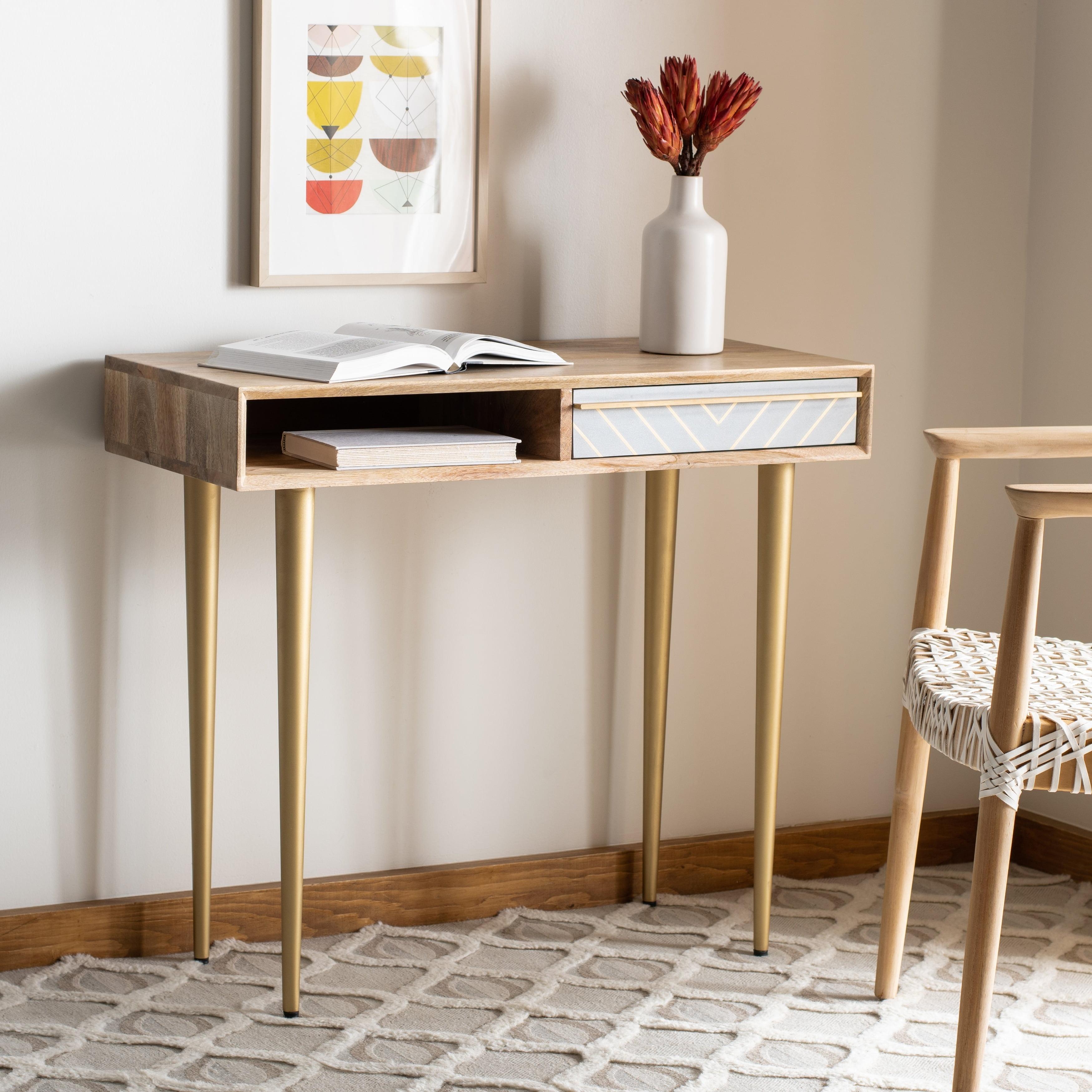 Leni Desk - Natural/Grey Concrete/Brass Legs - Safavieh