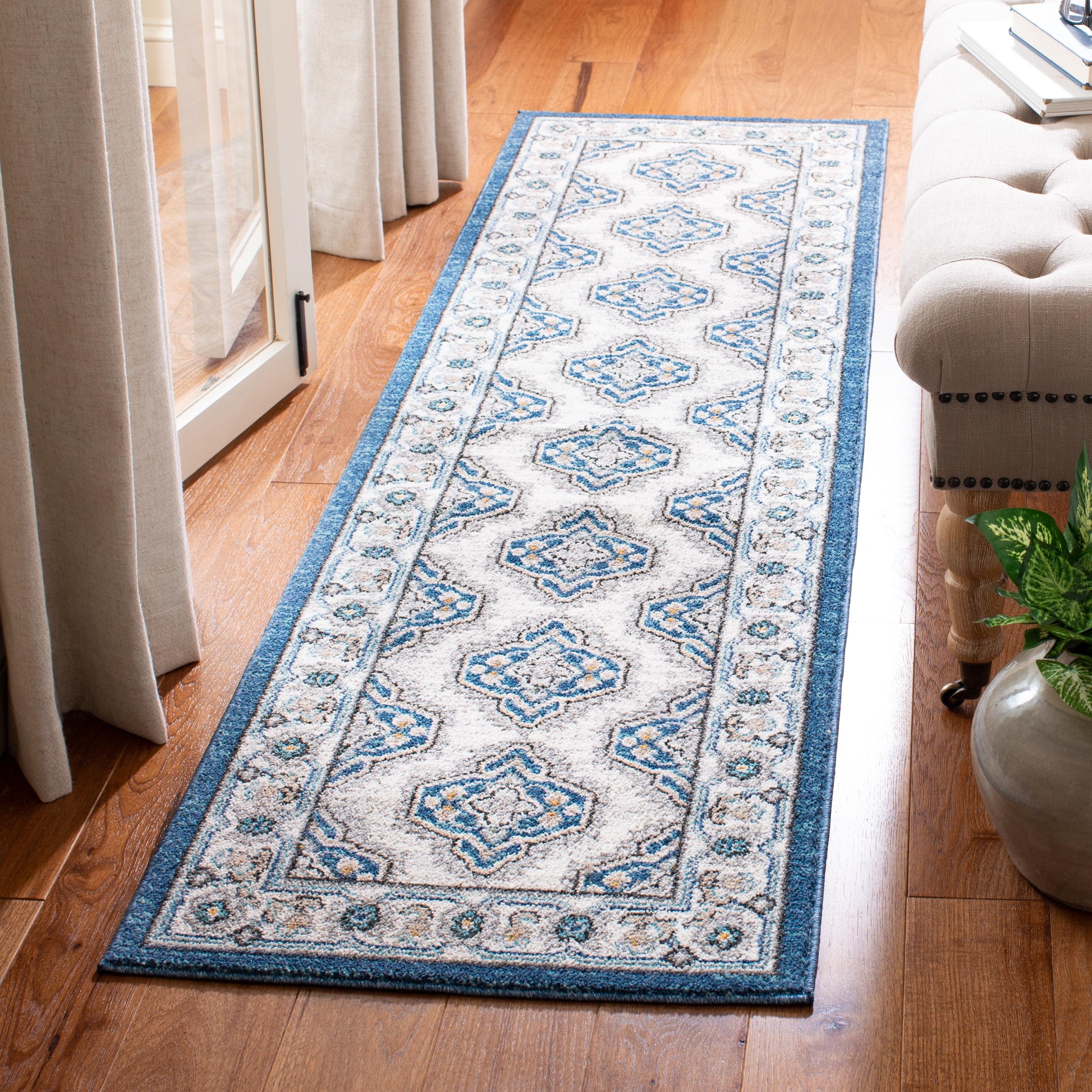 Braided Blue Floral Easy-Care Synthetic Runner Rug 2' x 8'