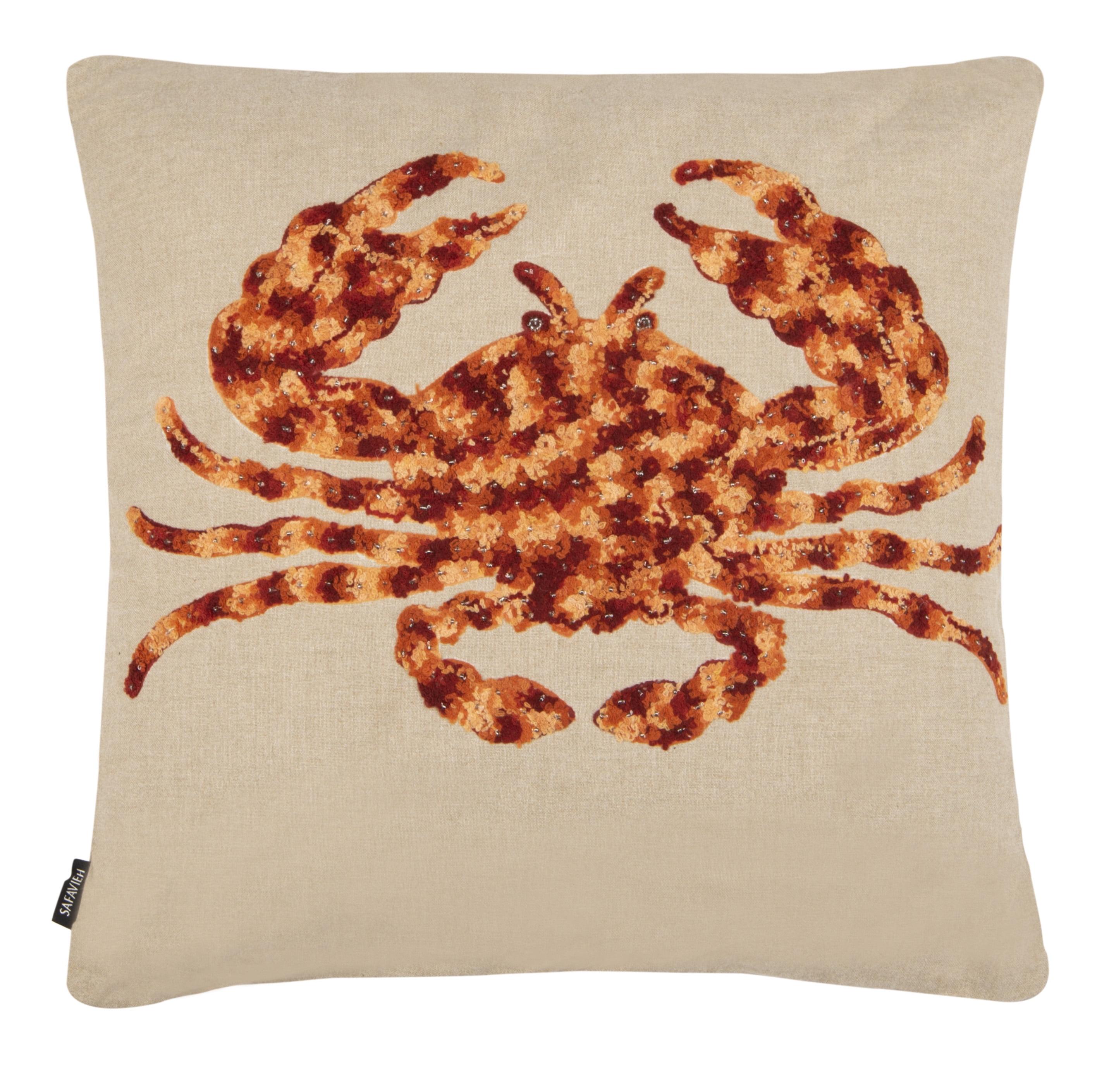 SAFAVIEH Lilia Braided Crab Nautical Plush Pillow, 20" x 20", Beige/Red/Orange