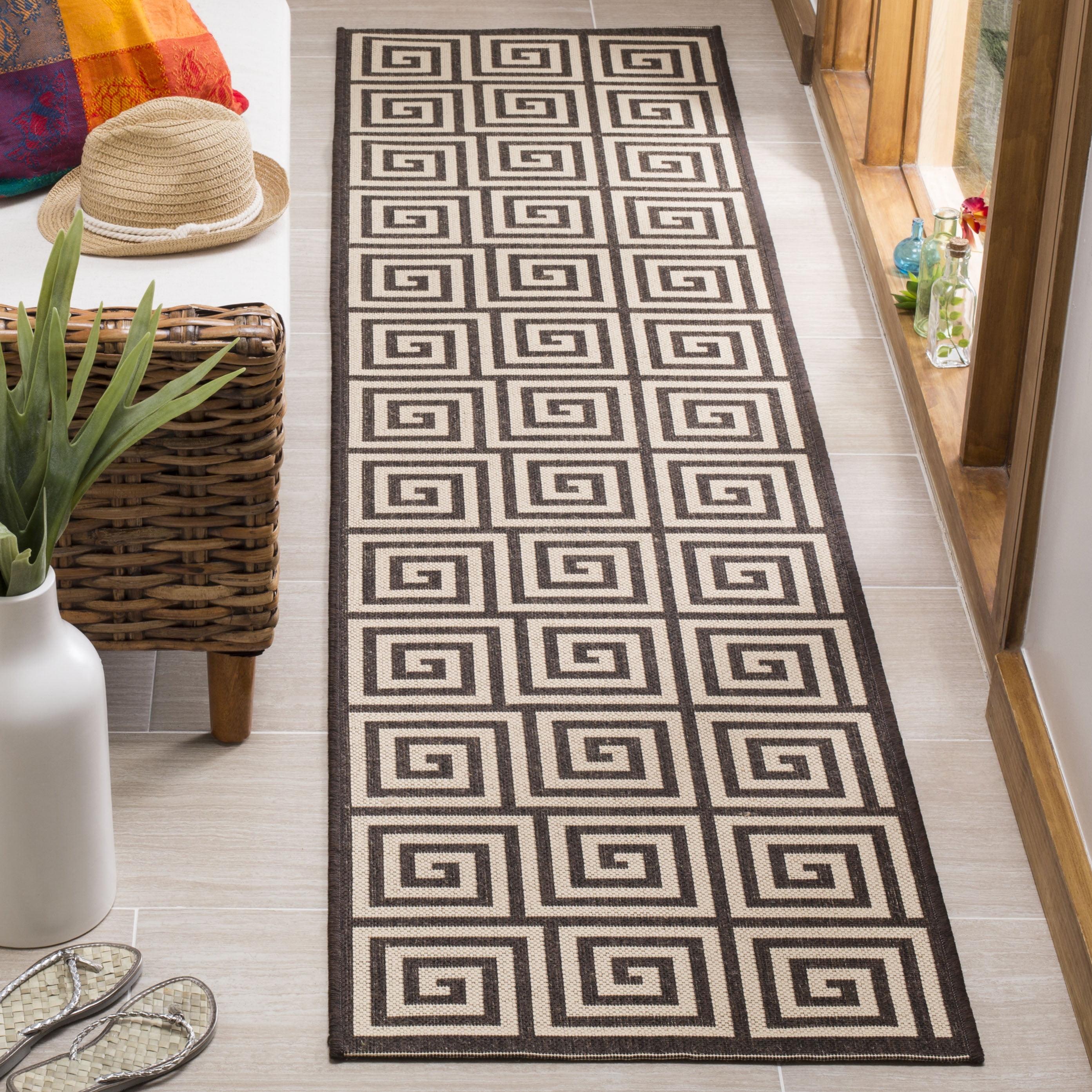 Linden Cream/Brown Geometric Synthetic Runner Rug - 2' x 8'