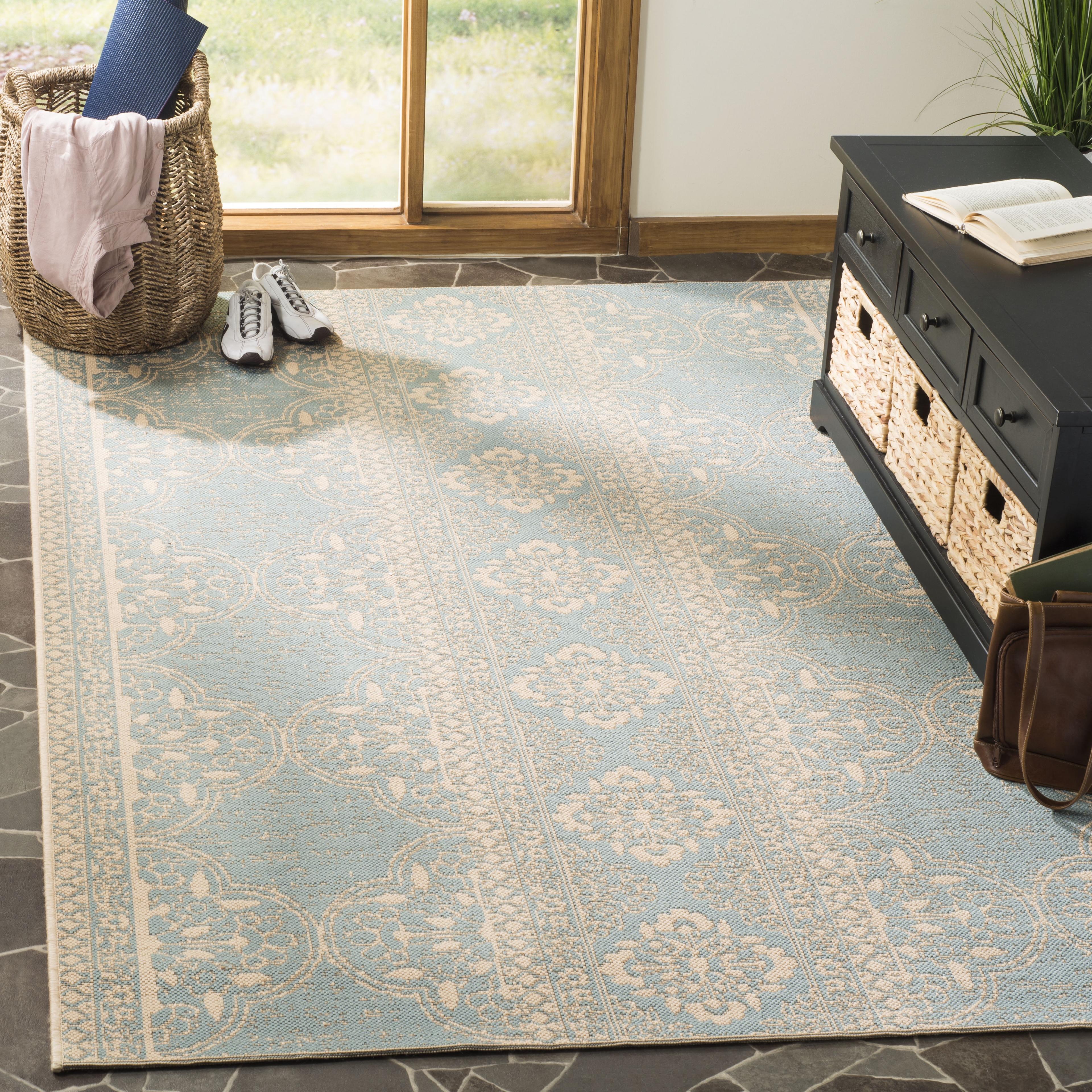 Easy-Care Cream/Aqua Synthetic 8' x 10' Reversible Area Rug