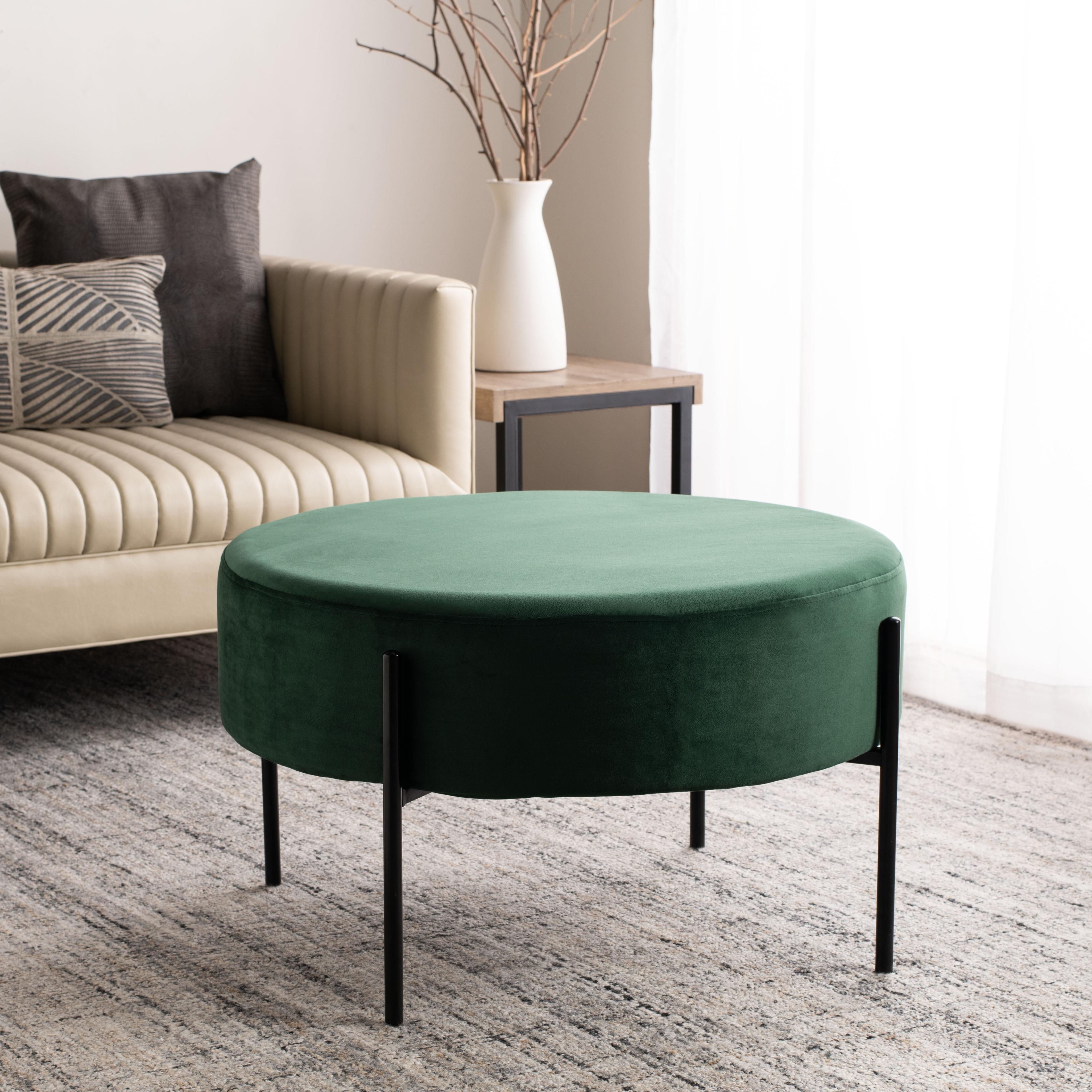 Malachite Green Velvet Round Cocktail Ottoman with Matte Black Legs