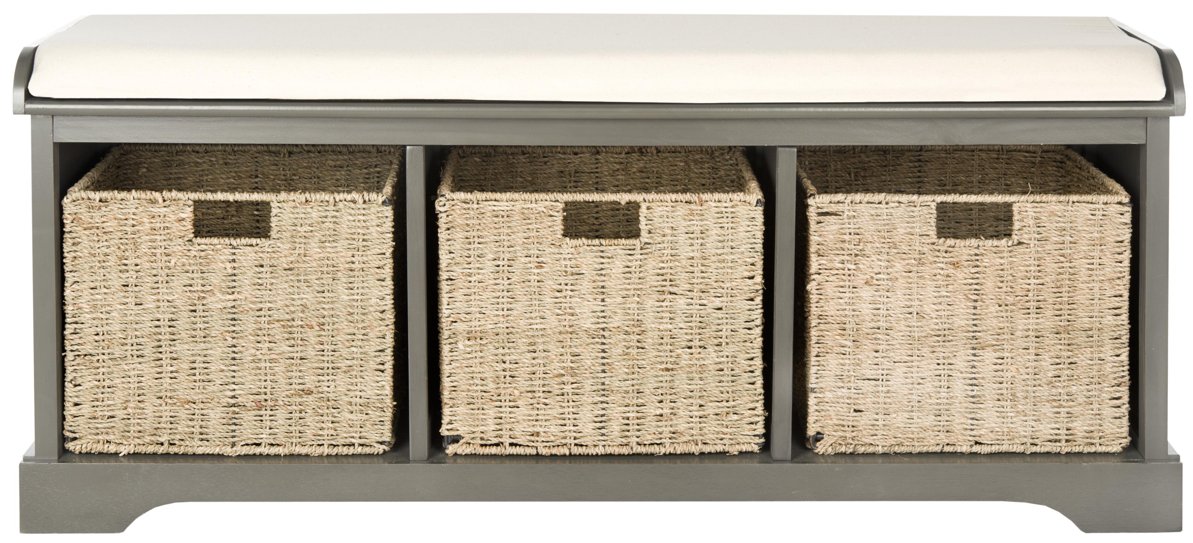 Transitional Beige-Gray Wicker Storage Bench with Cushioned Top