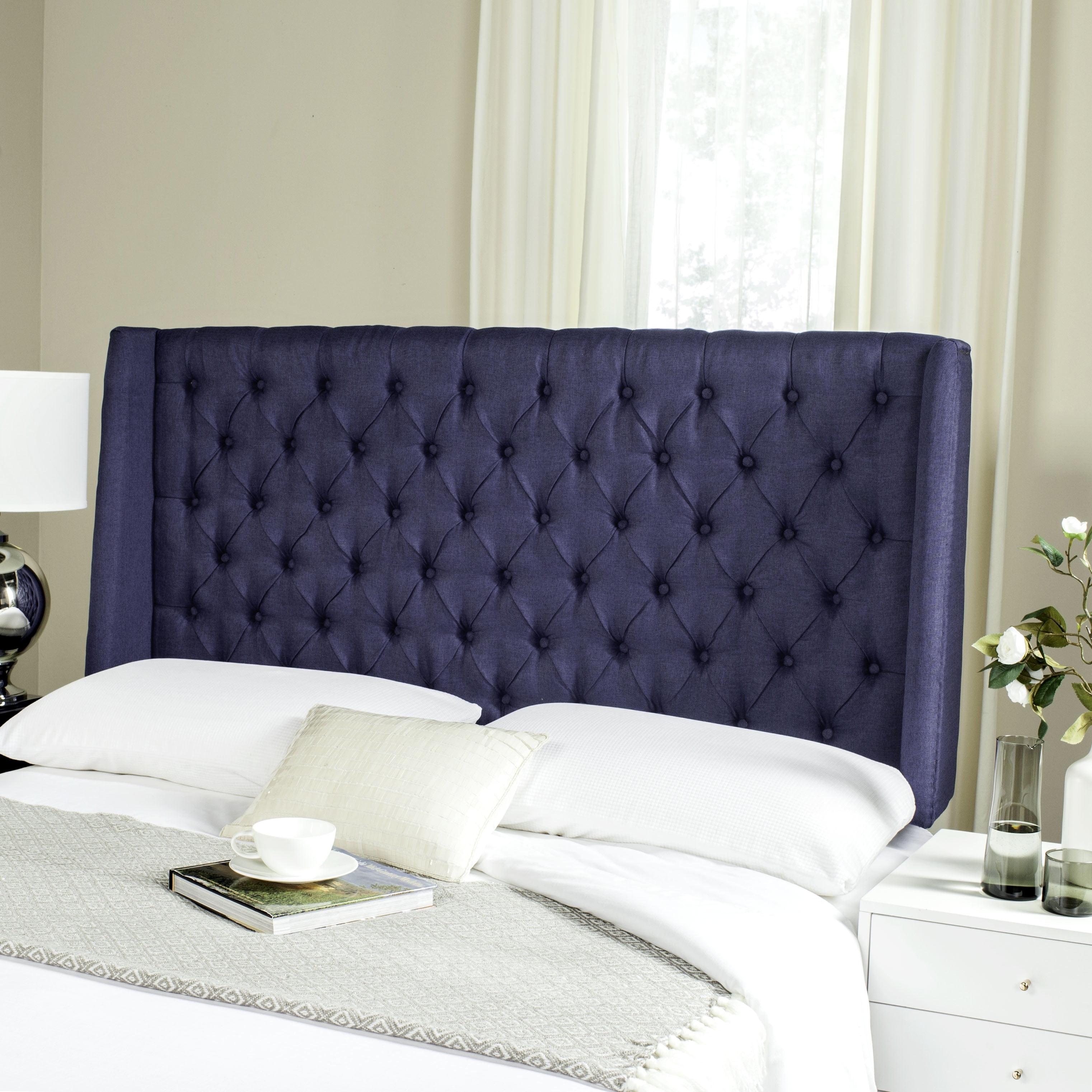 Navy Tufted Linen Full Winged Headboard with Nailhead Trim