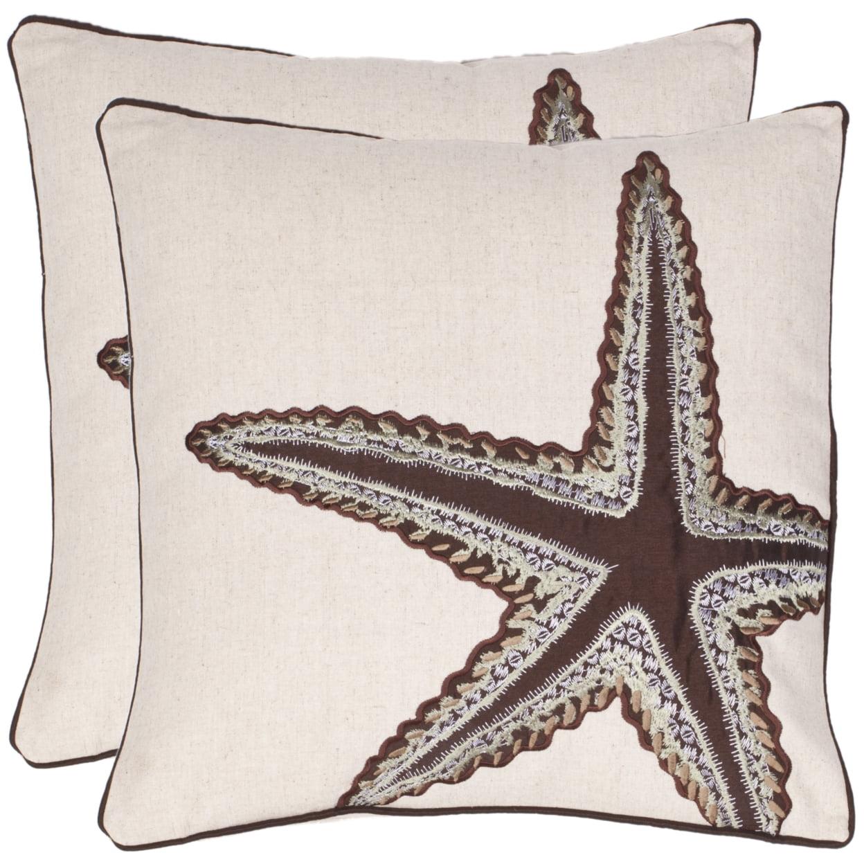 Set of 2 Starfish Embroidered Linen Throw Pillows