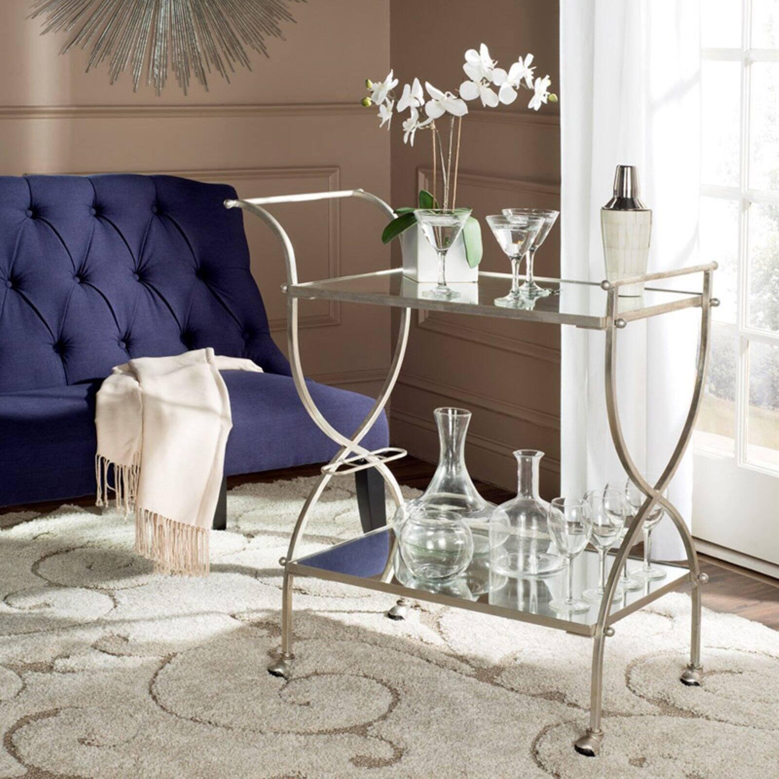 Elegant Transitional 2-Tier Mirrored Bar Cart with Silver Frame