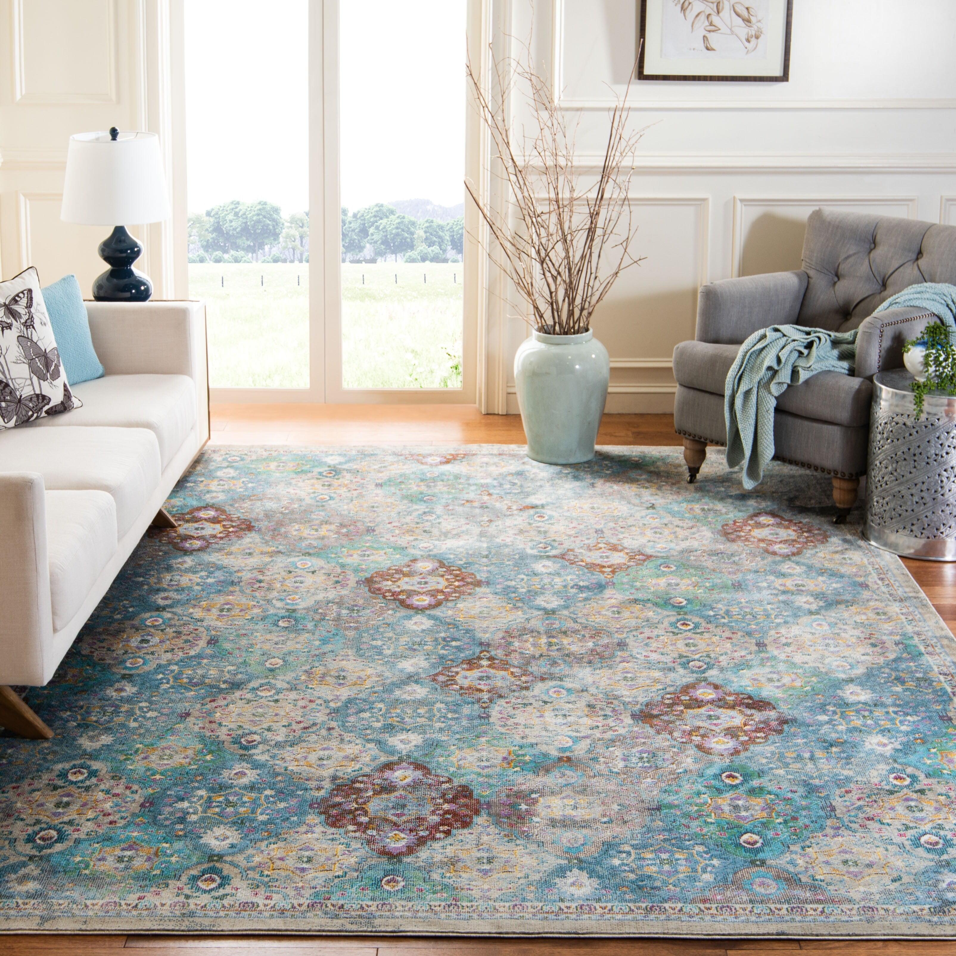 Ivory and Turquoise Hand-Knotted Viscose 8' x 10' Area Rug