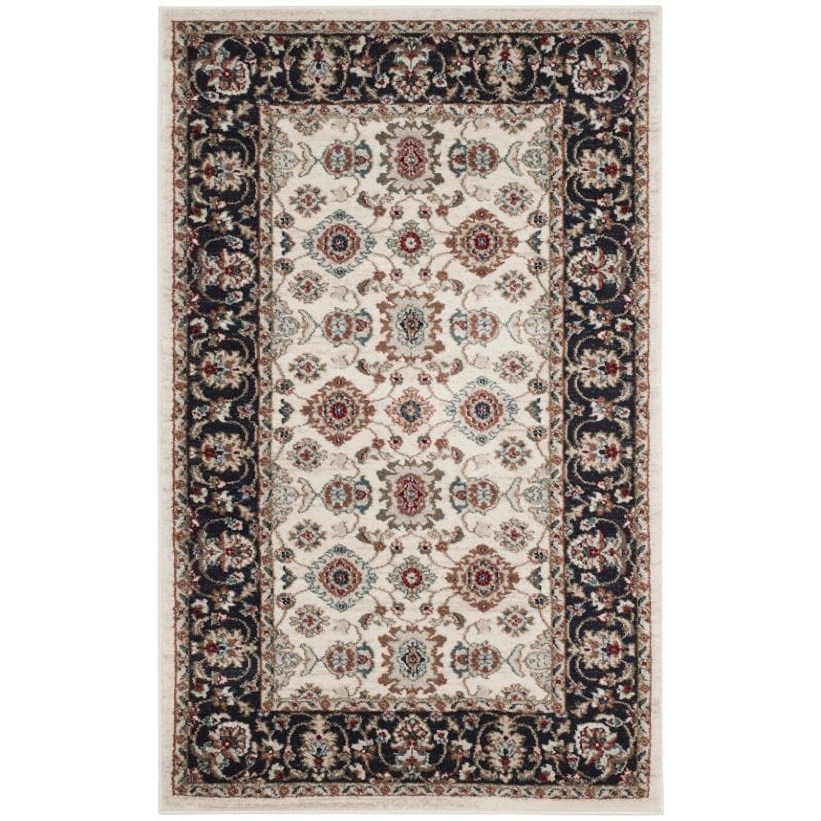 Cream and Navy Rectangular Hand-Knotted Synthetic Area Rug