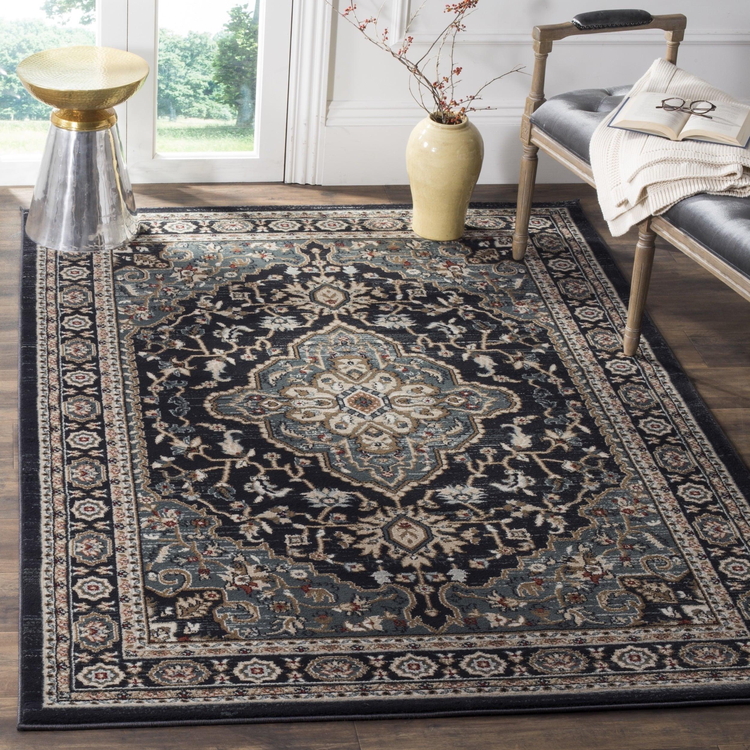 Anthracite and Teal Traditional Floral Area Rug