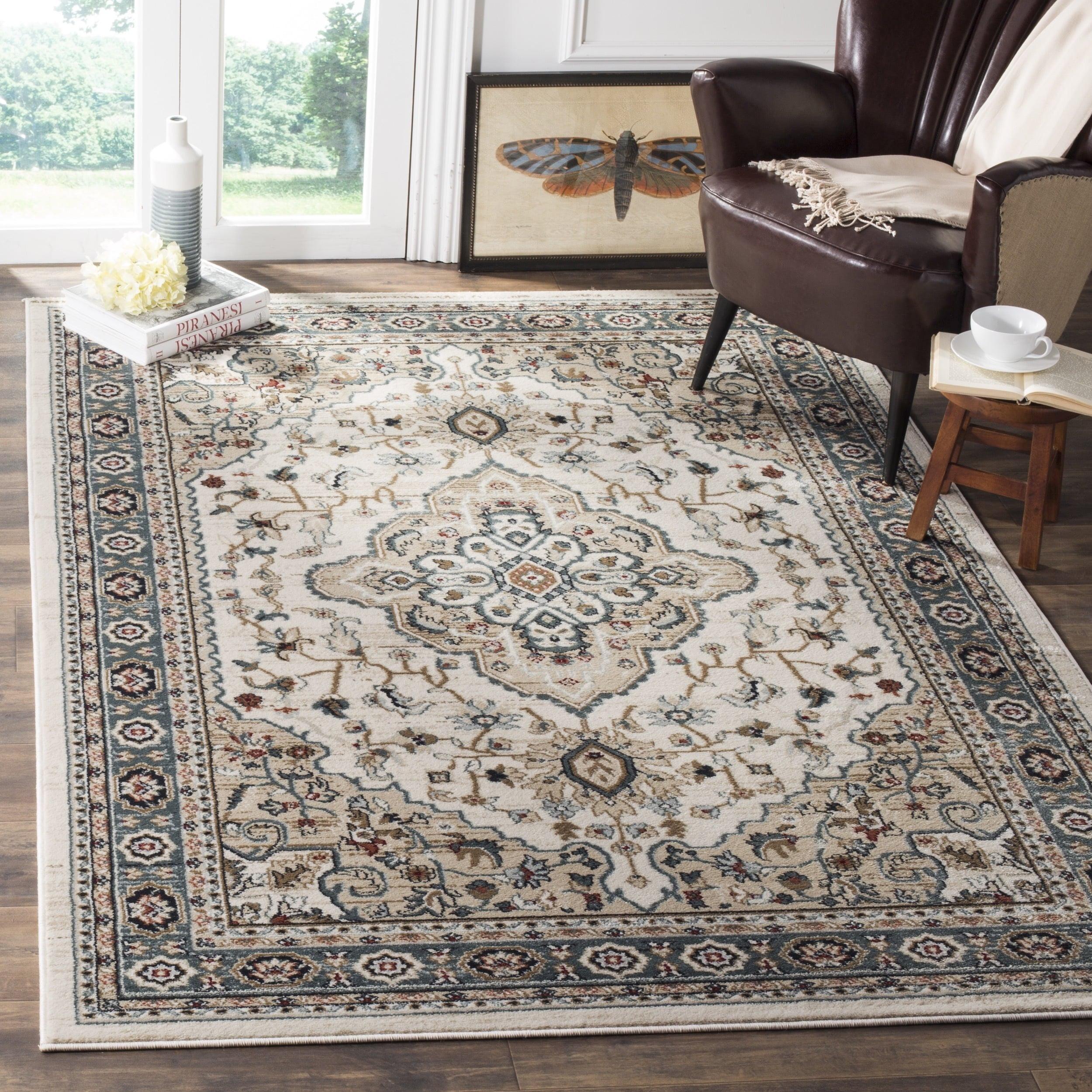 Cream and Beige Traditional Floral Area Rug with Border