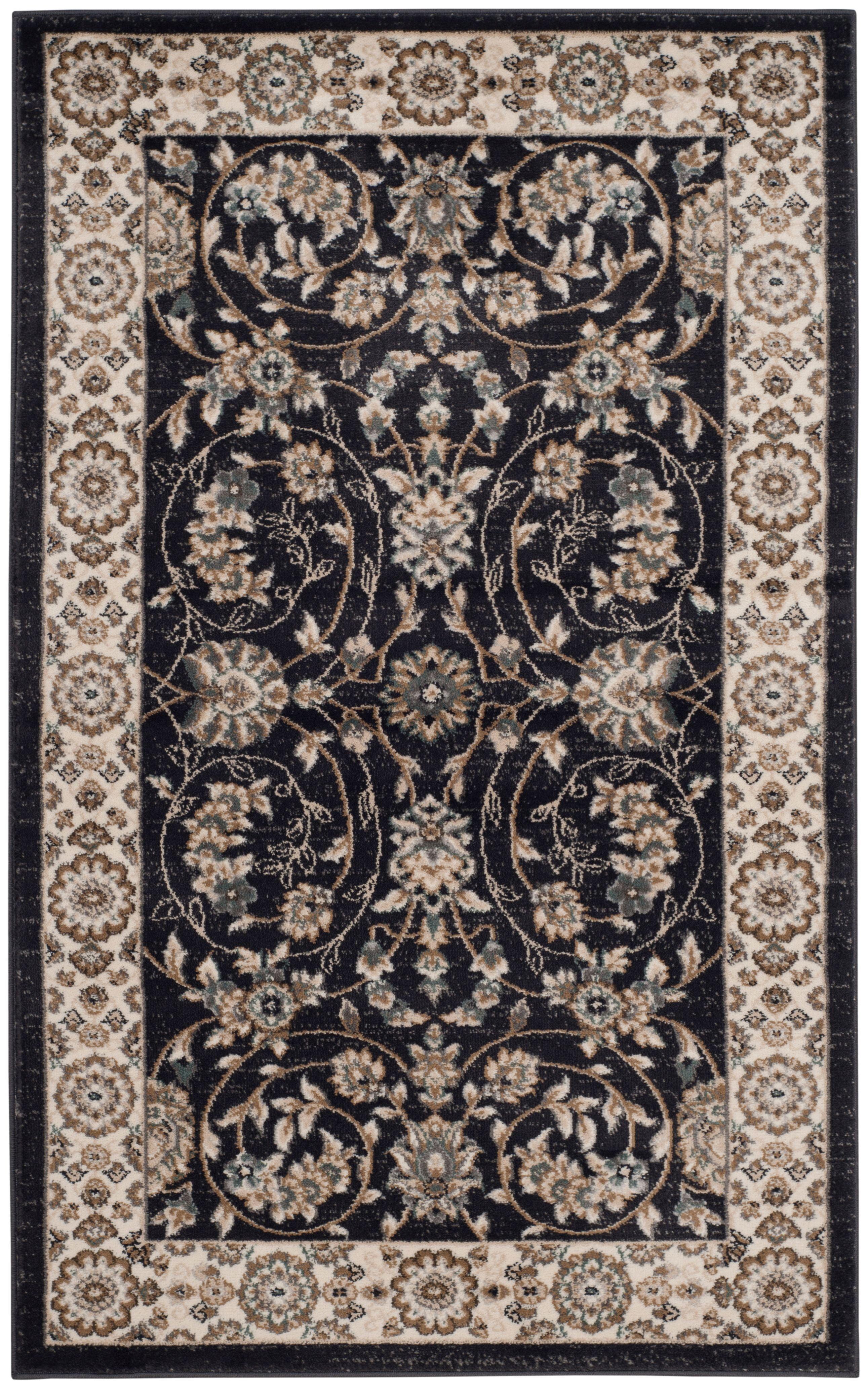 Anthracite and Cream Floral Border Rectangular Area Rug