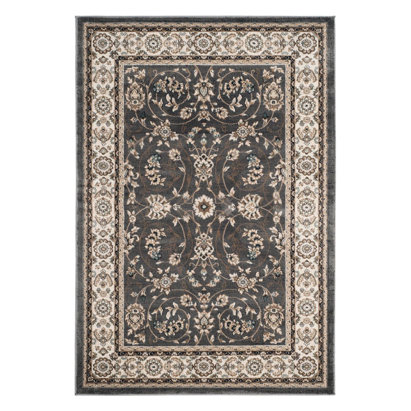 Grey and Cream Floral Square Synthetic Area Rug