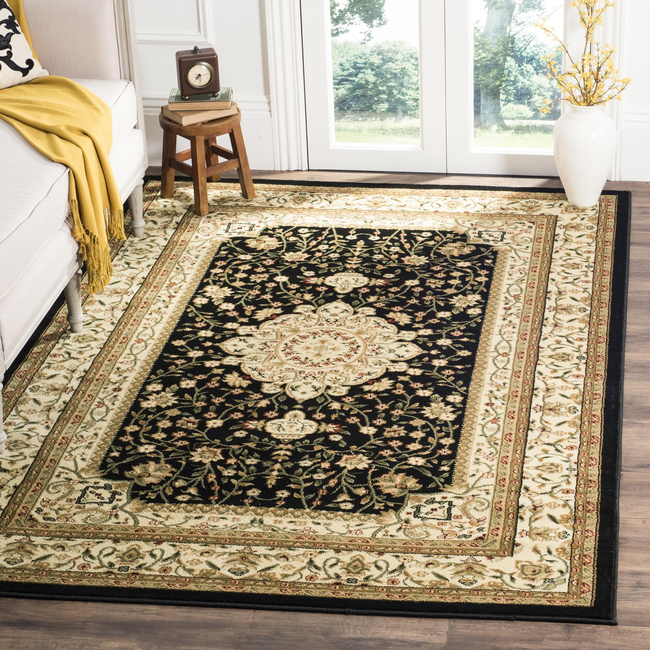 Elegant Lyndhurst 8' Square Black Ivory Traditional Area Rug