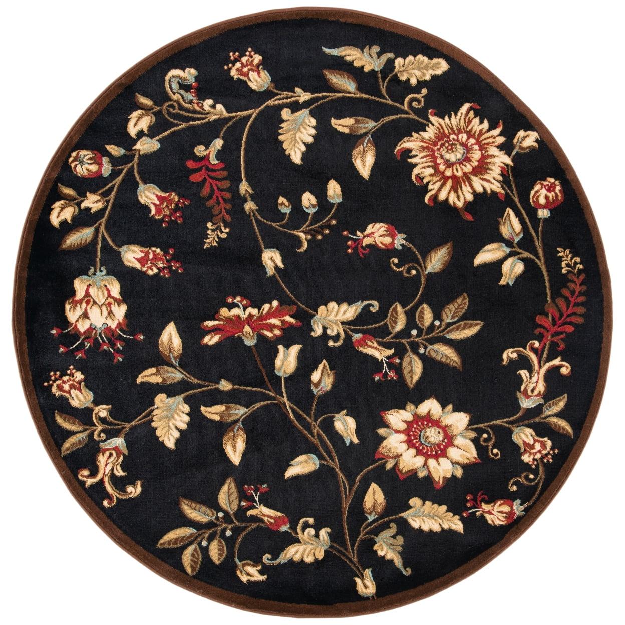 Round Black Floral Synthetic Easy Care Area Rug