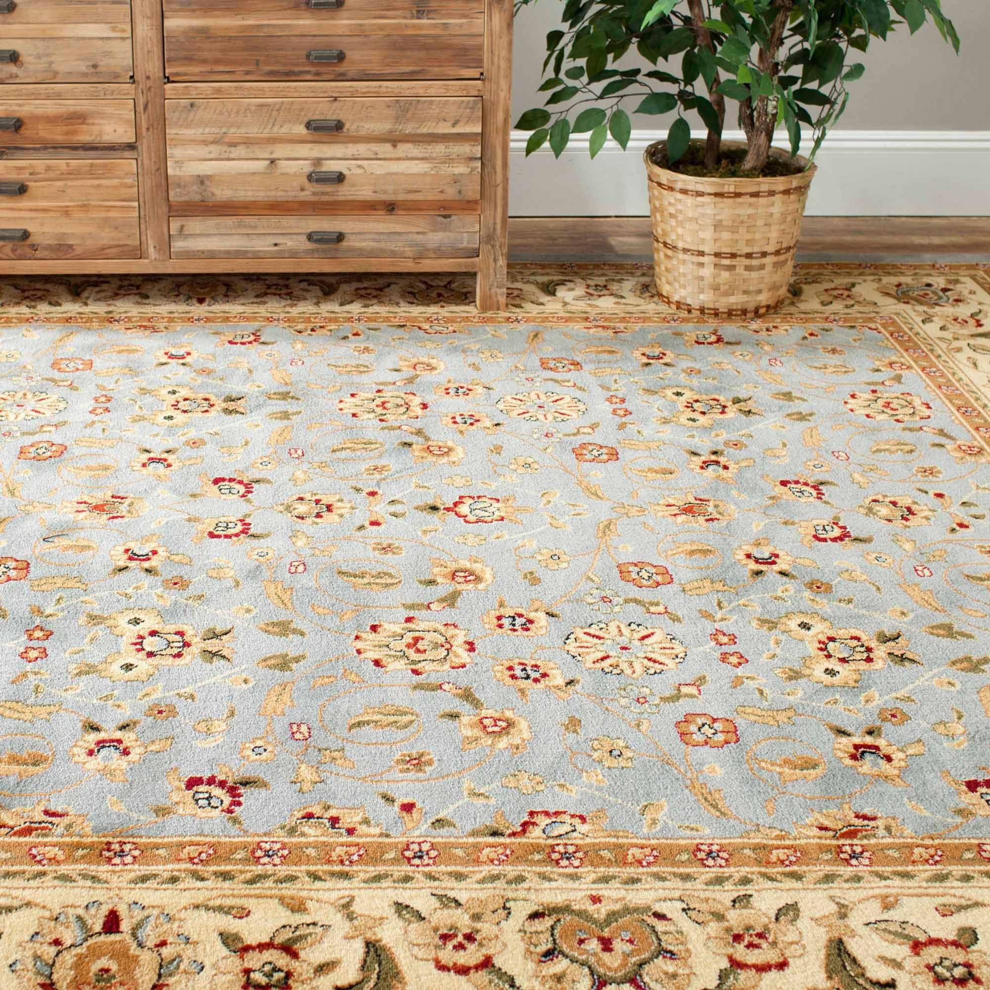 Light Blue and Ivory Floral Square Synthetic Area Rug