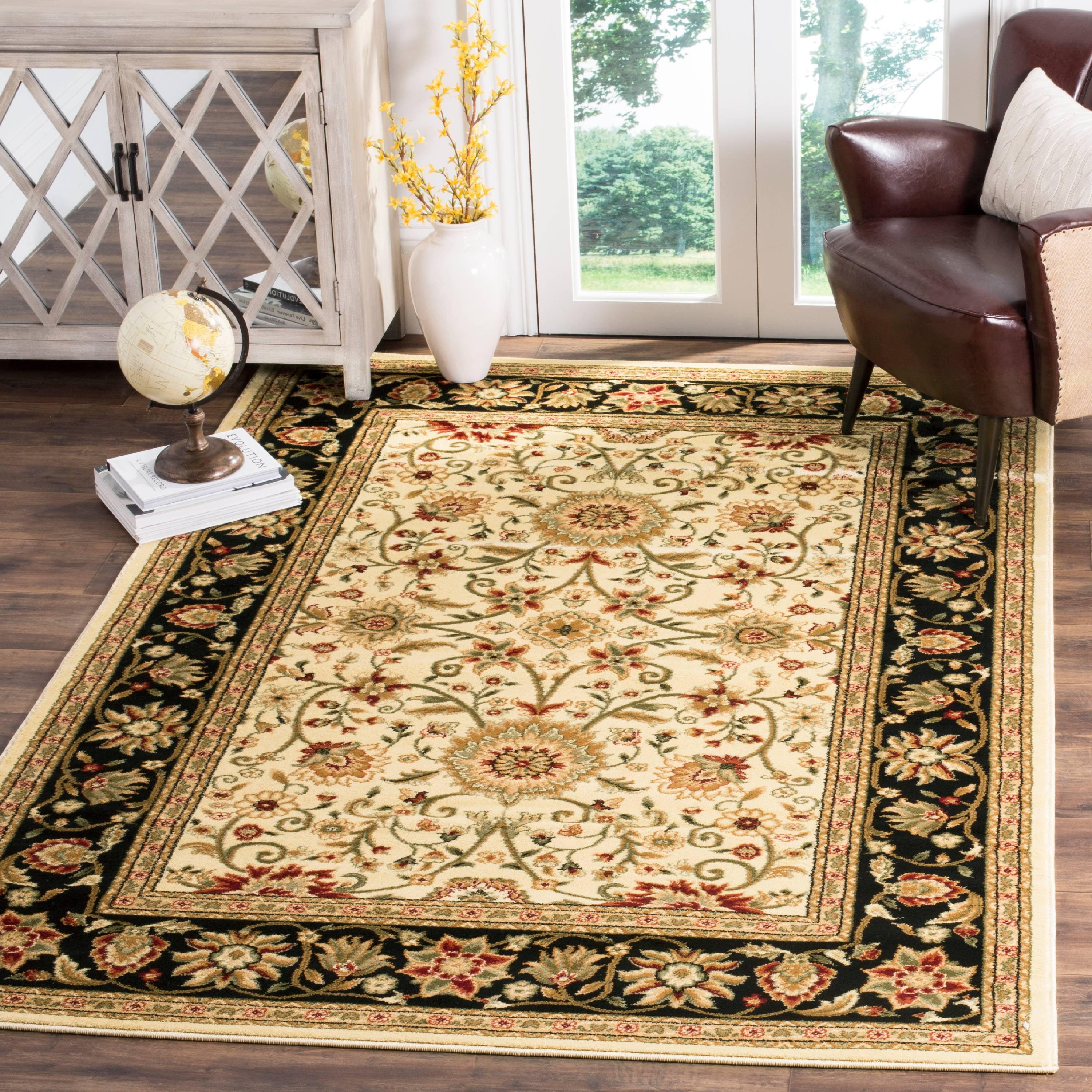 Ivory and Black Floral Rectangular Synthetic Area Rug