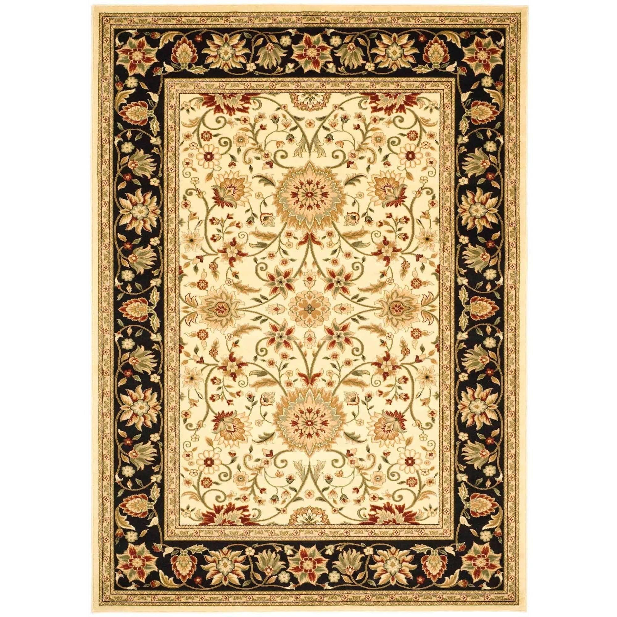 Ivory and Black Floral Rectangular Synthetic Area Rug, 8' x 11'