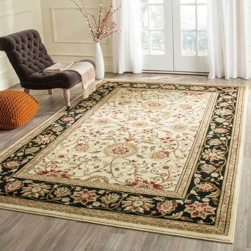 Elegant Ivory & Black Floral 8' Square Synthetic Area Rug