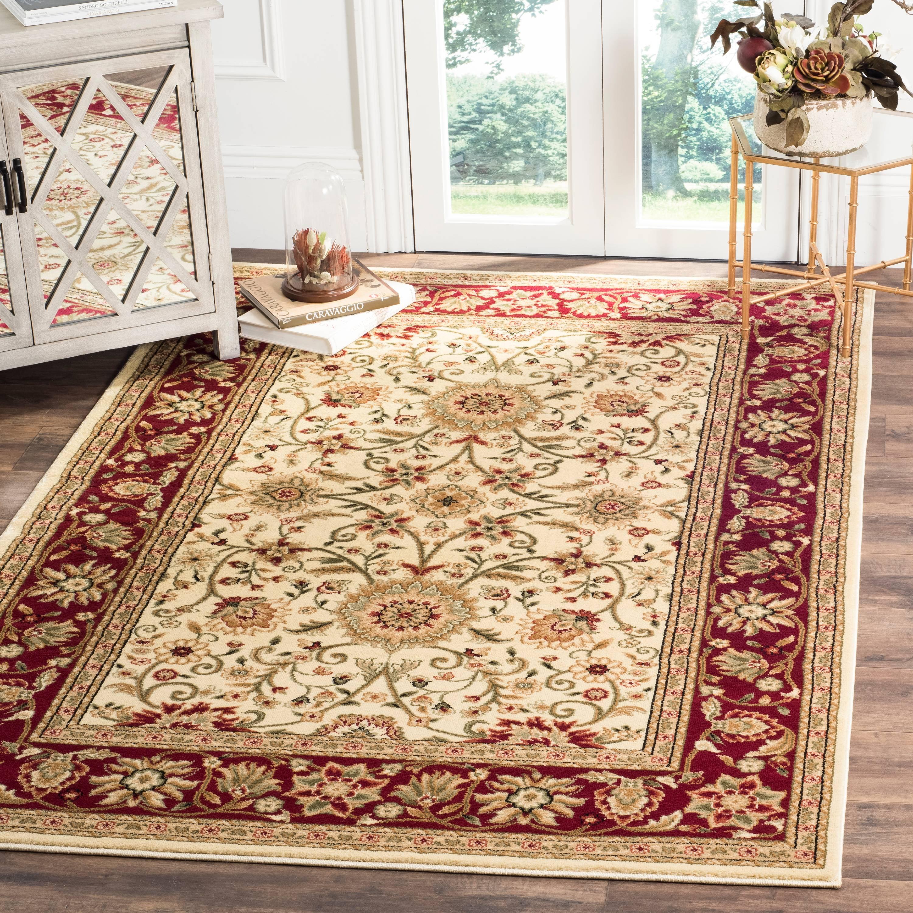 Elegant Ivory/Red Floral and Vine Design Synthetic Area Rug 4' x 6'