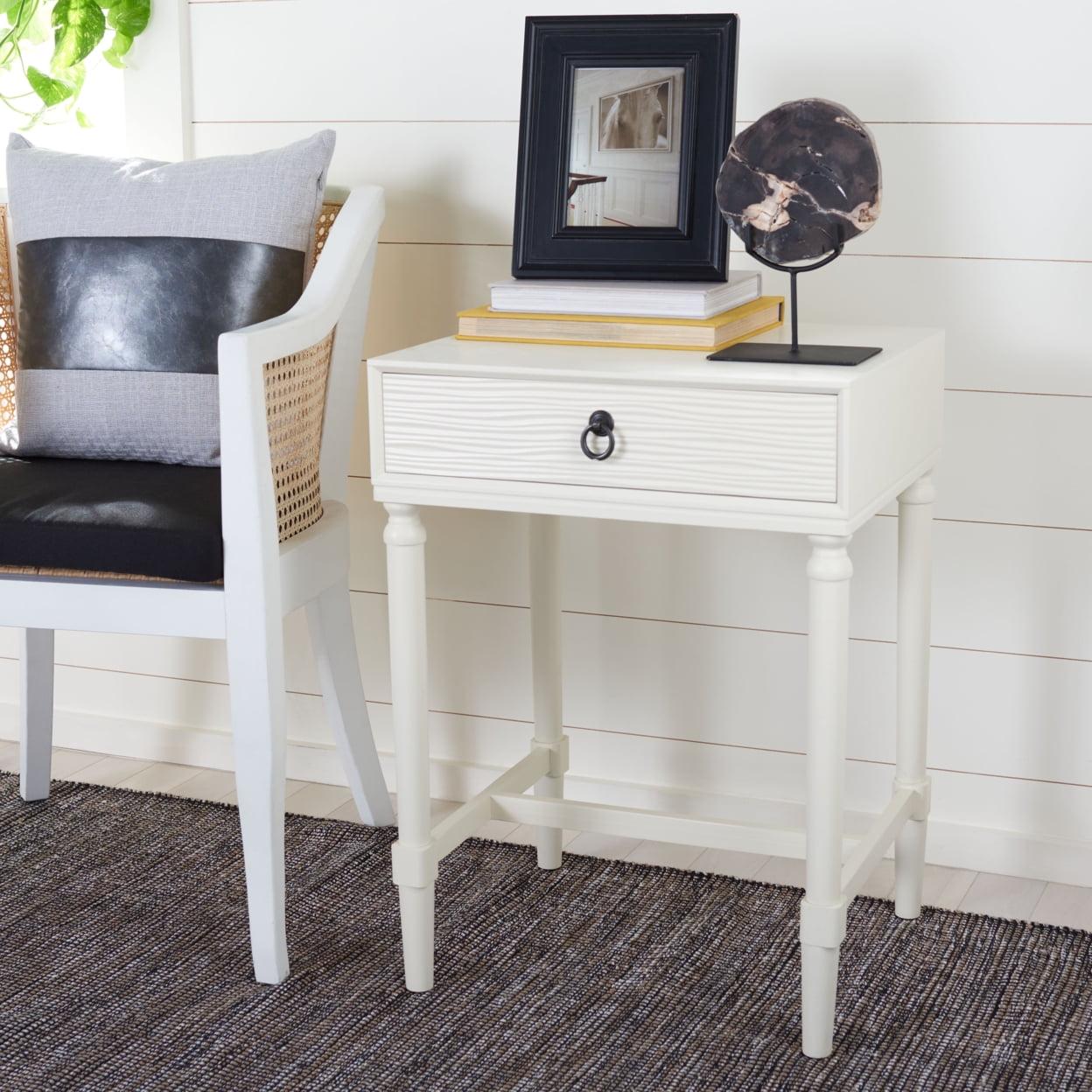 Elegant White Wood Accent Table with Carved Details and Storage Drawer