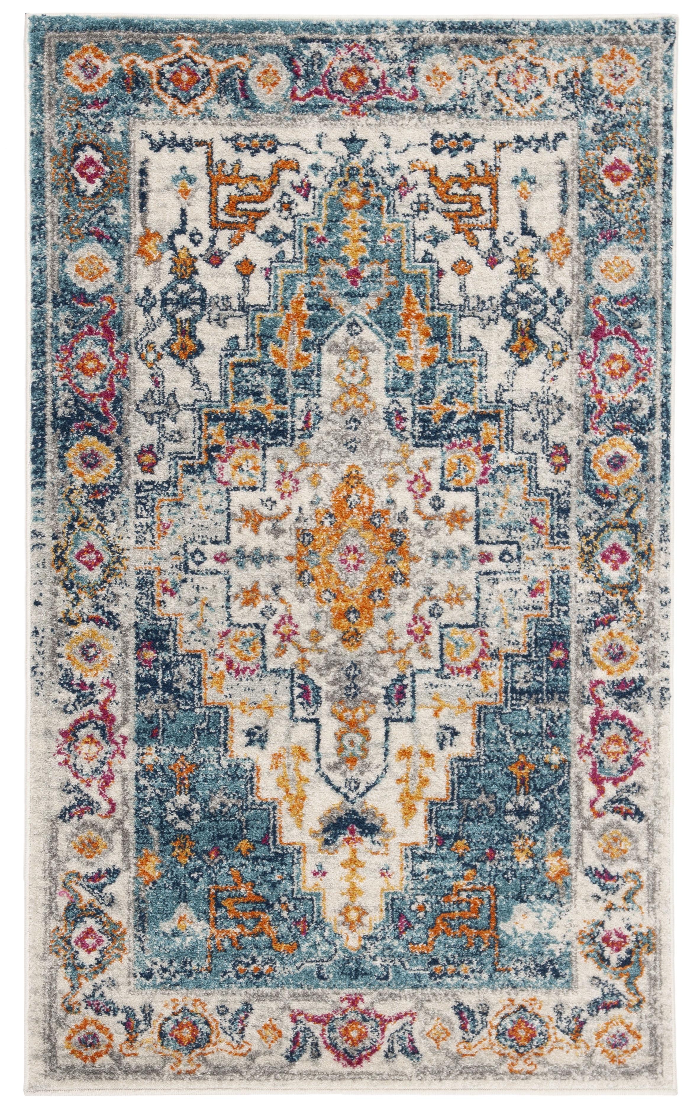 Ivory and Turquoise Rectangular Synthetic Area Rug, 3' x 5'